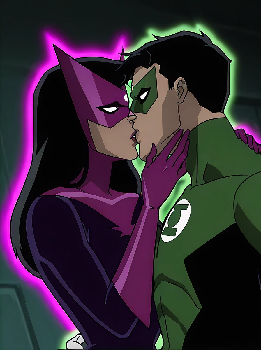 <lora:kiss_on_lips:1> , <lora:Hal_Jordan_Green_Lantern:0.8>, <lora:Star_Sapphire_-_JLU_Illustrious_v2:0.8>, 1boy, 1girl, hetero, man woman, kiss, kiss on lips, cinematic quality, (ssjlu wearing eyemask purple bodysuit purple gloves glowing aura), (green_lantern wearing mask bodysuit white gloves green energy)