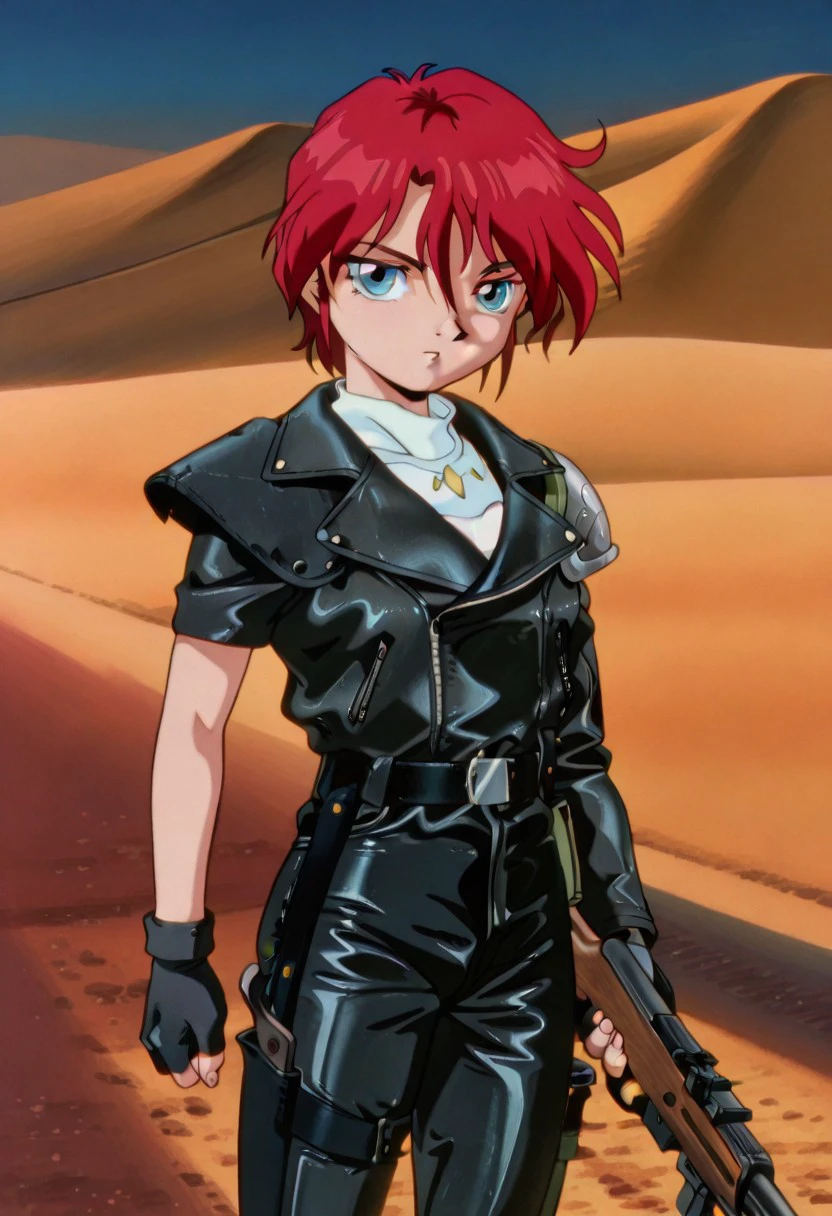 official art, masterpiece, best quality, absurdres, very aesthetic, 1girl, female focus, solo, AWGXS, anime screenshot, retro artstyle,1990s (style), cel animation, 1girl, female focus, solo, tomboy, red hair, short hair, blue eyes, white undershirt, trwjkt, leather jacket, asymmetrical clothes, asymmetrical sleeves, single pauldron, zipper, zipper pull tab, Fingerless gloves, black gloves, belt, belt buckle, leather pants, black pants, thigh holster, standing, outdoors, road, desert, SKS, rifle, holding gun, holding weapon, looking at viewer,