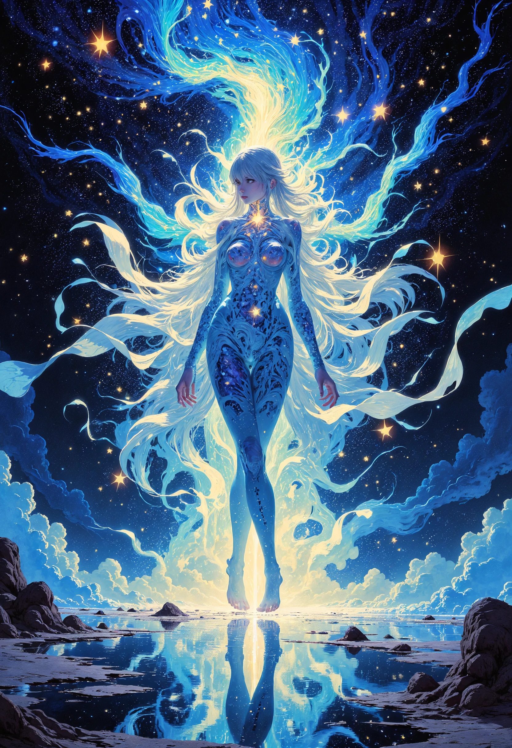 in Otomo Katsuhiro style, masterpiece, high-quality, A celestial dancer whose body is wrapped in silk ribbons of starlight, each ribbon fluttering as if caught in an ethereal breeze, Her every movement sends waves of light rippling through a sea of glowing constellations, her bare feet skimming over a mirrored floor reflecting endless galaxies, celestial flow, astral harmony, mirrored infinity, Stylized surreal-fantasy with intricate glowing textures, big natural breasts, elaborate fine details, hyperdetailed, intricate details, Refined details, best quality, high resolution,