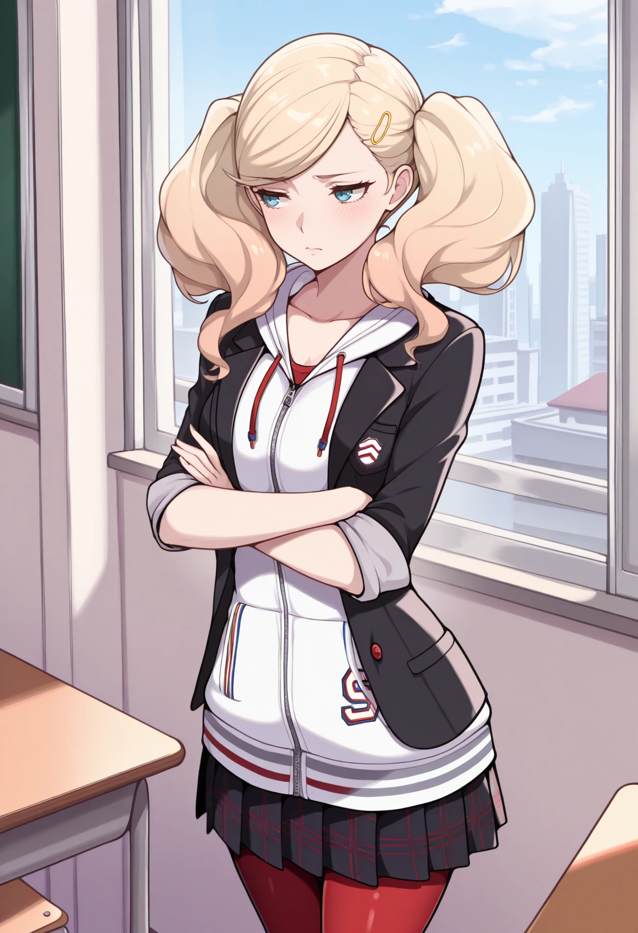 masterpiece, best quality, 1girl, standing, crossed arms, averting eyes, frown, <lora:AnnP5-illu:1> dfAnn, blonde hair, twintails, swept bangs, hairclip, blue eyes, collarbone, school uniform, white hoodie, black blazer, open blazer, sleeves rolled up, plaid skirt, pleated skirt, red pantyhose, classroom, window, skyline