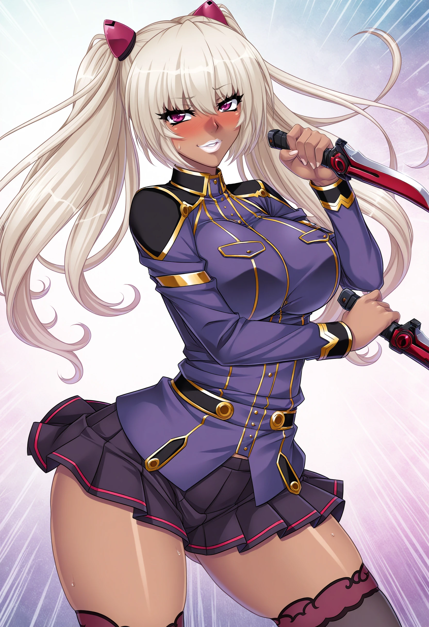masterpiece, good quality, best quality, shadow, sidelighting,
kila kushan, fighting stance, holding dagger, dual wielding, motion lines,
1girl, dark-skinned female, solo,
looking at viewer, blush, parted lips, smile, happy,
twintails, long hair, purple eyes, thick lips, white lips,
military uniform, pleated skirt, long sleeves, lace-trimmed thighhighs, belt, zettai ryouiki,
curvy, thighs,
abstract background,
<lora:Kila Kushan3216 NoobAI-XL V-pred:1>