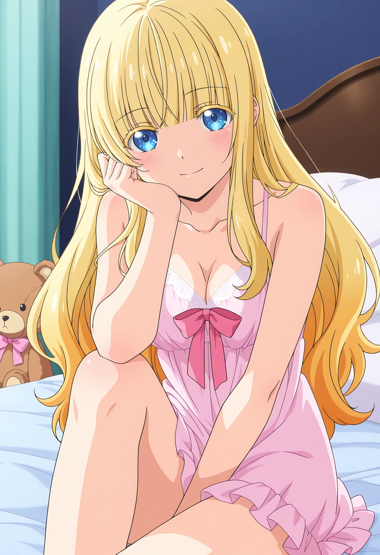 1girl, alone, minami fuyuki,masterpiece,best quality,highres,ultra-detailed,bbminami,long hair,large breasts,ahoge,earrings,necklace,dress,pink dress,shirt,bare ,indoors,bed,sitting,wariza,smile,(blush:1.2),big breasts, medium waist, wide hips, wide thighs, long blonde hair, violet eyes, earrings in her ears, excellent anatomy, excellent hands