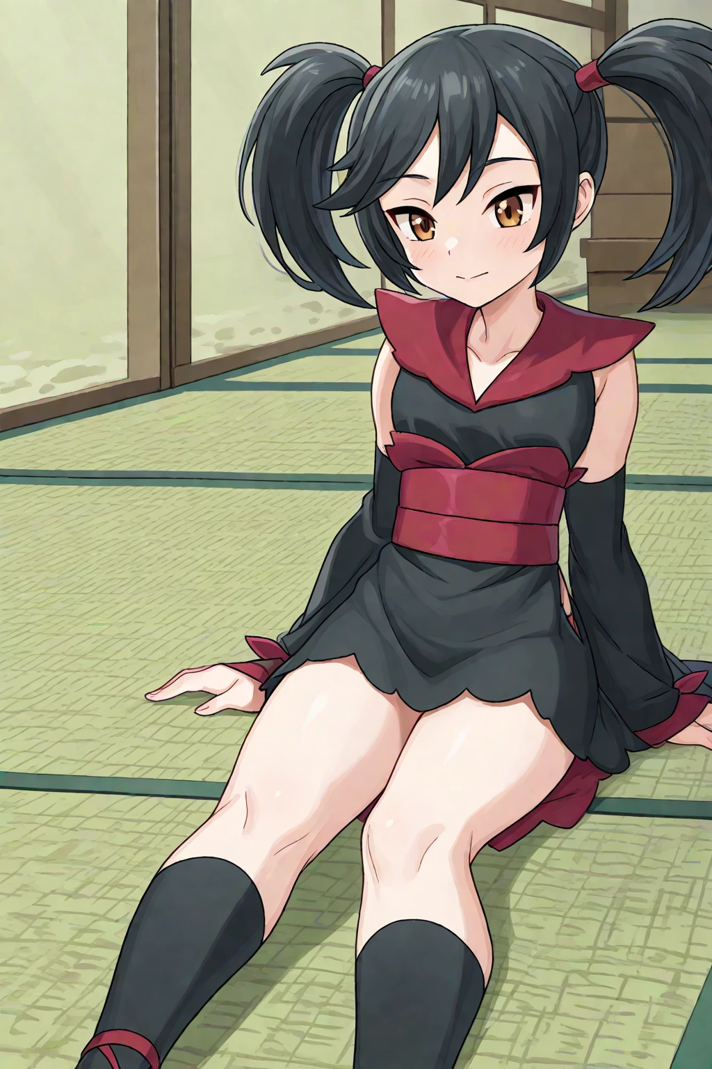 1girl, solo, sitting, dojo, tatami, full_body, close-up, girl_focus, furikali, twintails, black_hair, hair_tie, brown_eyes, japanese_clothes, kimono, black_kimono, sash, wide_sleevees, kneehighs, black_socks, sandals