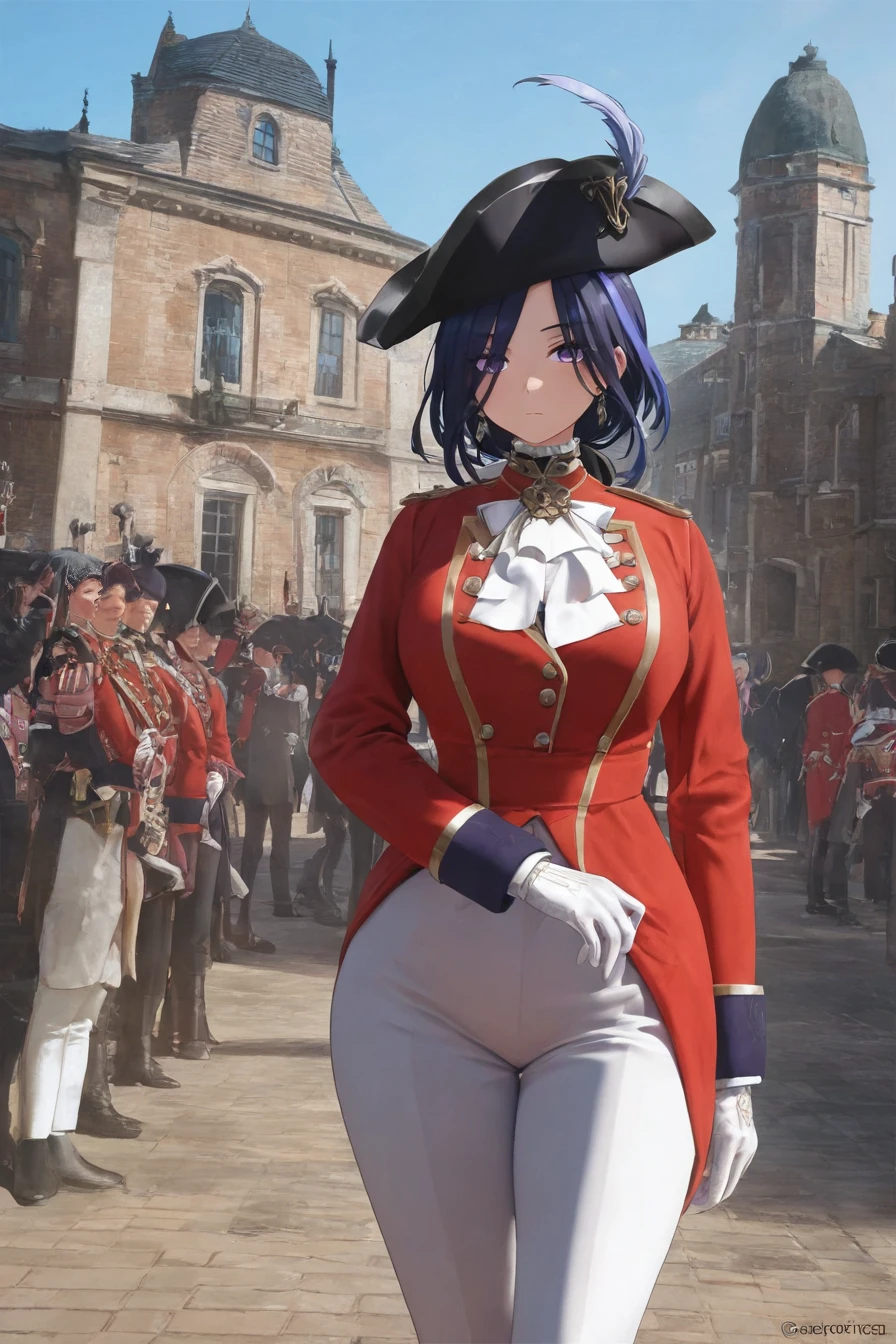 people,characters,copyright,style,general tags,rating,masterpiece,best quality,good quality,newest,
street,outdoors,victorian european architecture,
1girl,solo,solo focus,<lora:redcoat uniform-v3IL:1>,
military_uniform,uniform,standing,epaulettes,military,white_pants,red_jacket,wide bicorne,bicorne hat,
18cera,regiment of foot,redcoat,
expressionless,wide hips,narrow waist,slim sexy body,large breasts,mature female,
clorinde,purple hair,blue hair,streaked hair,purple eyes,black headwear,white gloves,earrings,hat feather,