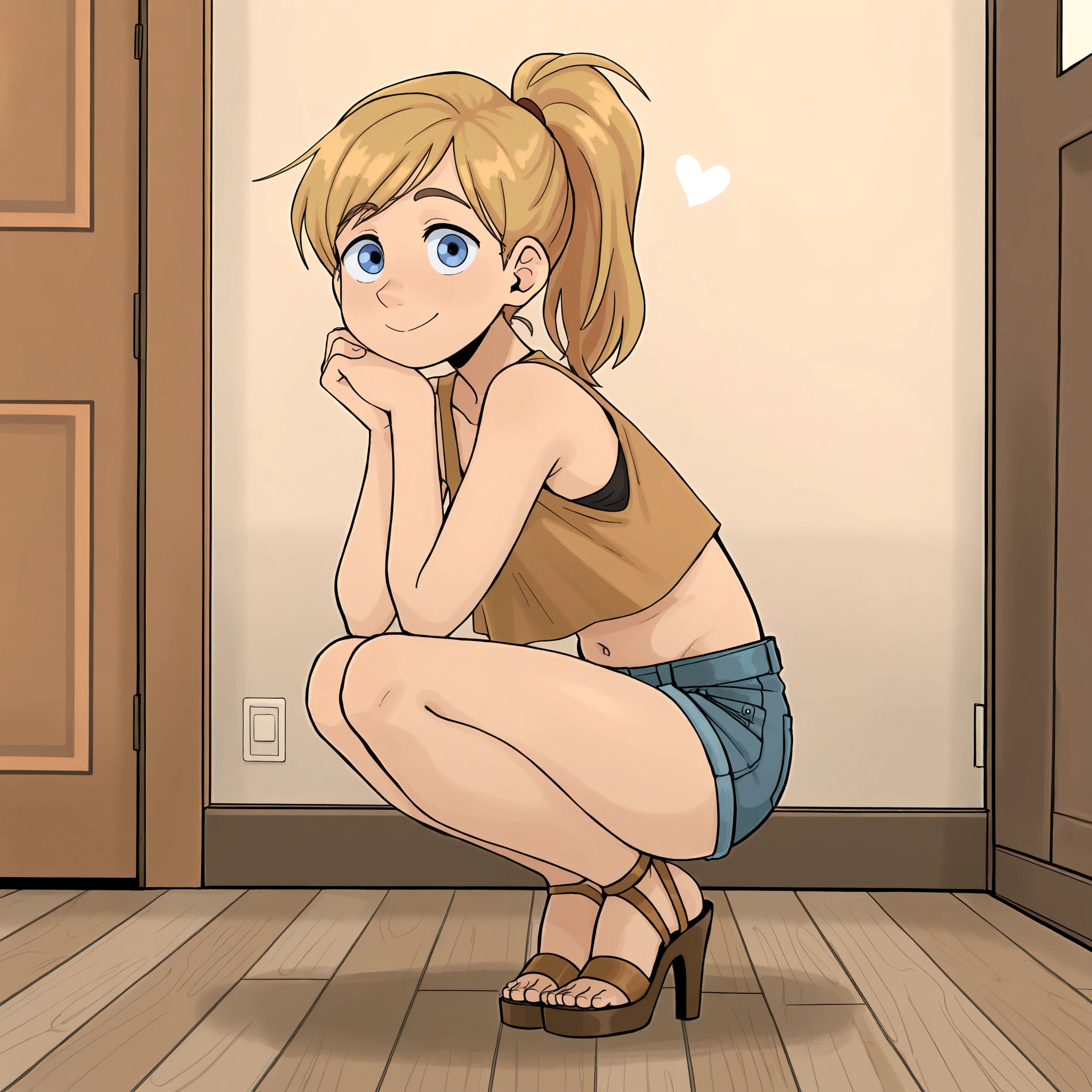 masterpiece, best quality, absurdes, 1girl, solo, full body,
(source_cartoon),
<lora:Riley Andersen (Inside Out) - Gnsisir Style (Illustrious):0.8>
Riley_Ander_Gnsisir, blue eyes, dirty blonde hair, ponytail, smile, happy,
(denim shorts, cutoff shorts), squatting, high heels, navel, midriff, looking at viewer,
indoors, detailed background,
<lora:Detailer_NoobAI_Incrs_v1:0.4> detailed,