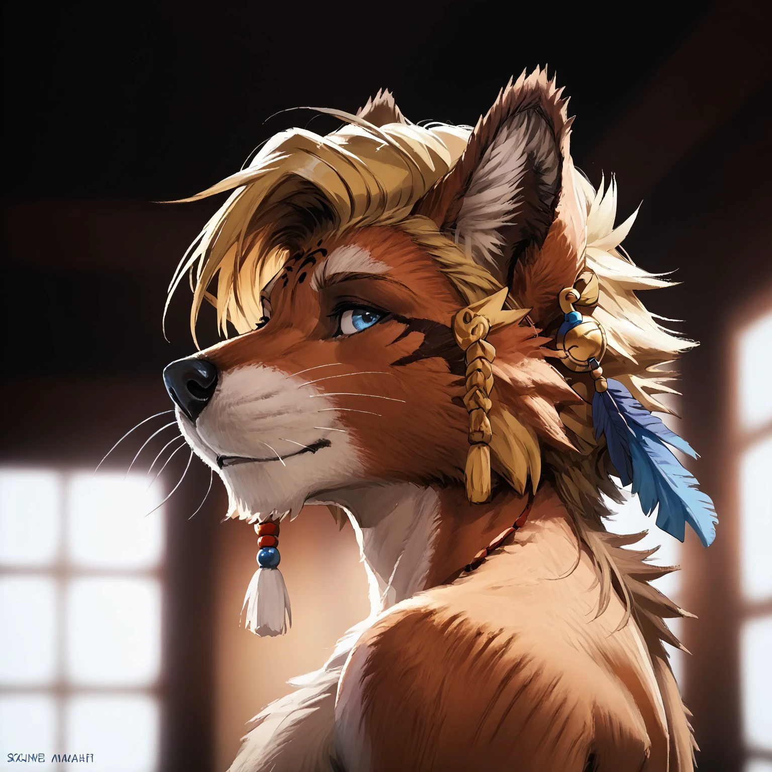 safe_pos, score_9_up, score_8_up, score_7_up, score_6_up, Score_5_up, Score_4_up,
Zaush, sn0wsk4u,
high quality, detailed, masterwork,
portrait, closeup, leftside view,
1boy, furry, mature male,
(twink), (footpaws), (slim waist), tall,
Nanaki, Blonde Hair, Skyblue Eyes, black face markings,
hair feather ornaments,
shirtless,