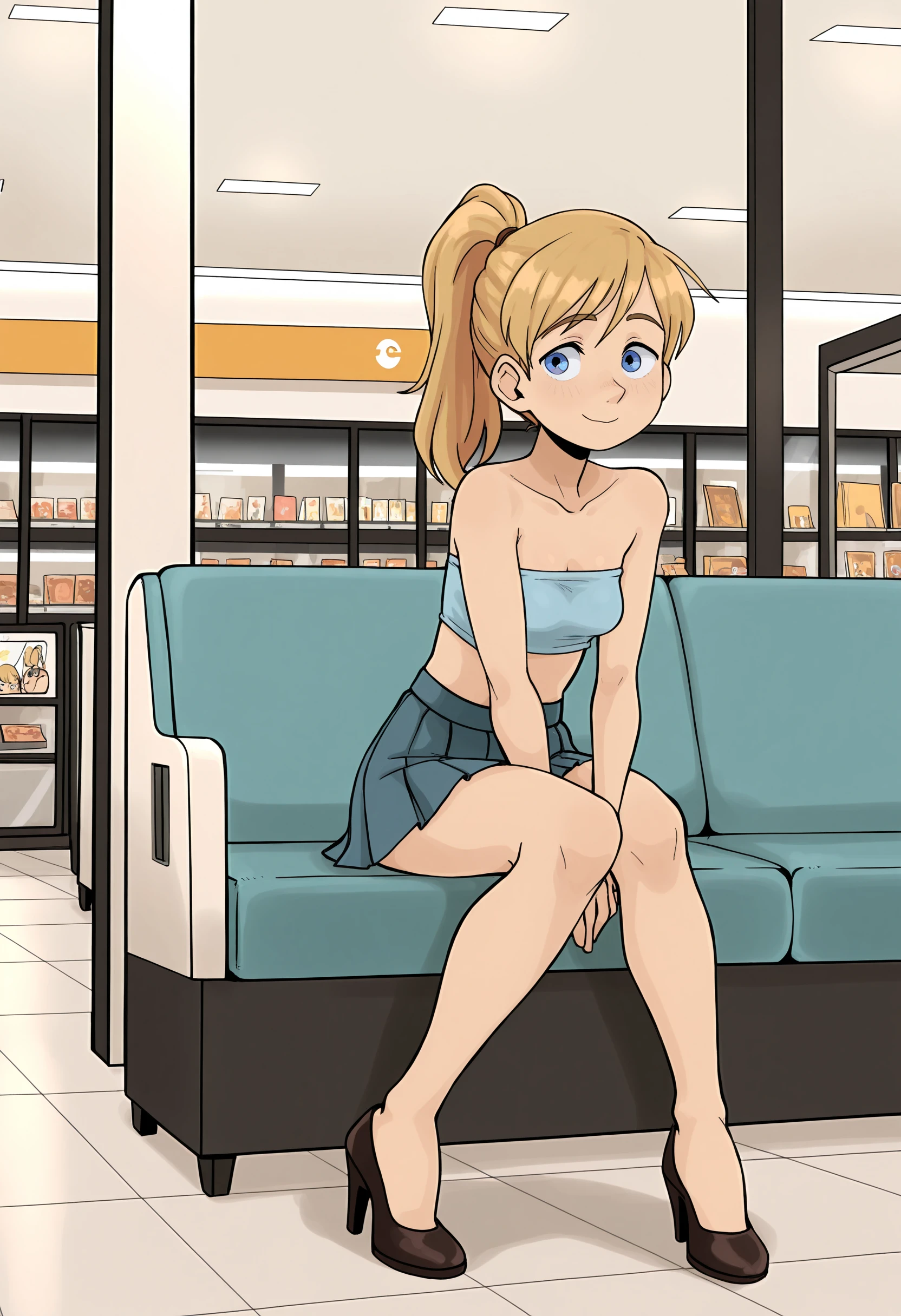 masterpiece, best quality, absurdes, 1girl, solo, full body,
(source_cartoon),
<lora:Riley Andersen (Inside Out) - Gnsisir Style (Illustrious)_v01-0:0.8>
Riley_Ander_Gnsisir, blue eyes, dirty blonde hair, ponytail, soft smile,
tube top, miniskirt, pleated skirt, high heels, sitting,
indoors, mall,
<lora:Detailer_NoobAI_Incrs_v1:0.4> detailed,