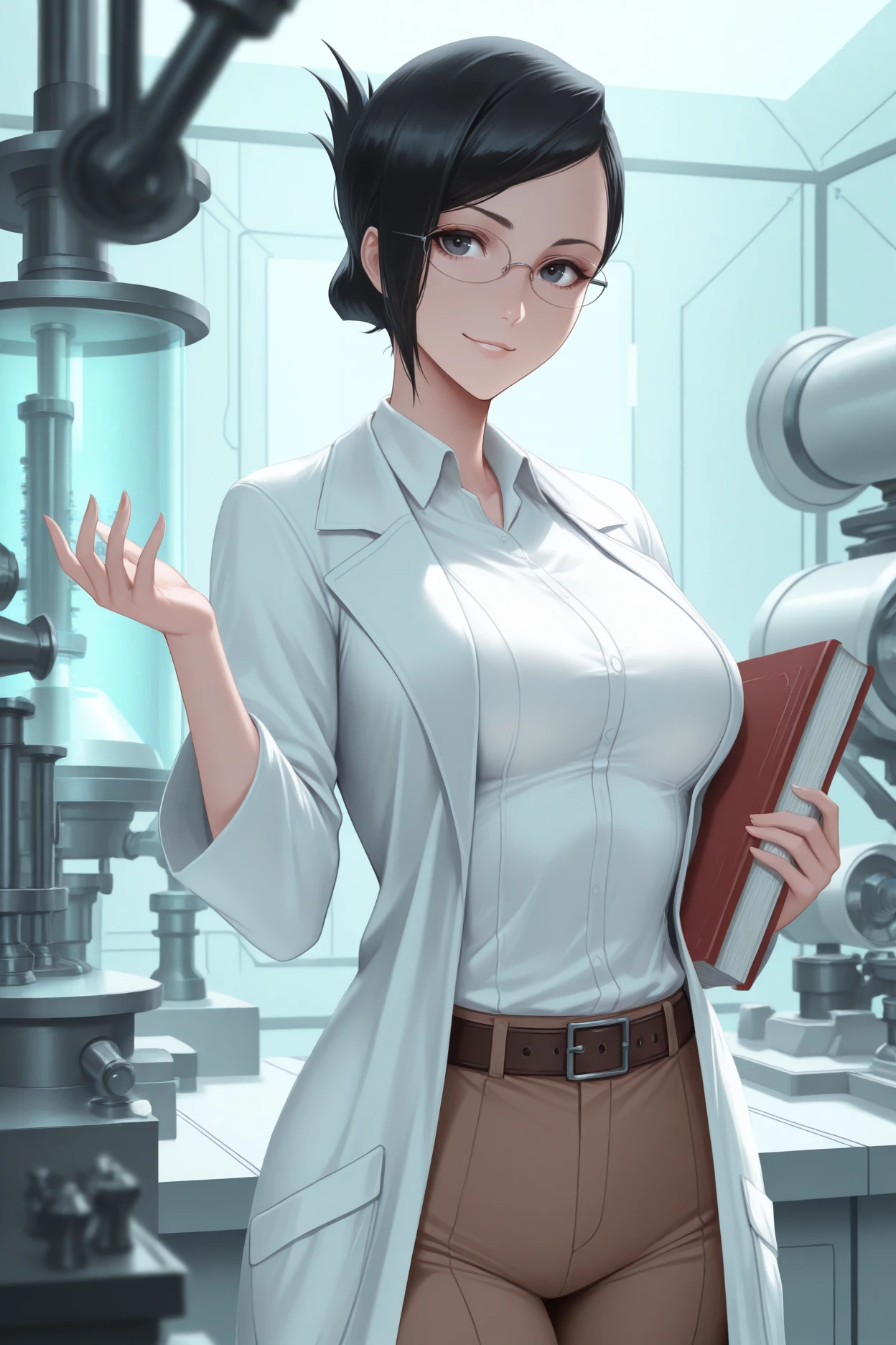 masterpiece, best quality, 1 girl, solo, doctor,black hair,white coat, black shirt, updo,standing,cross arms,cleavage,glasses ,clinic , from the front