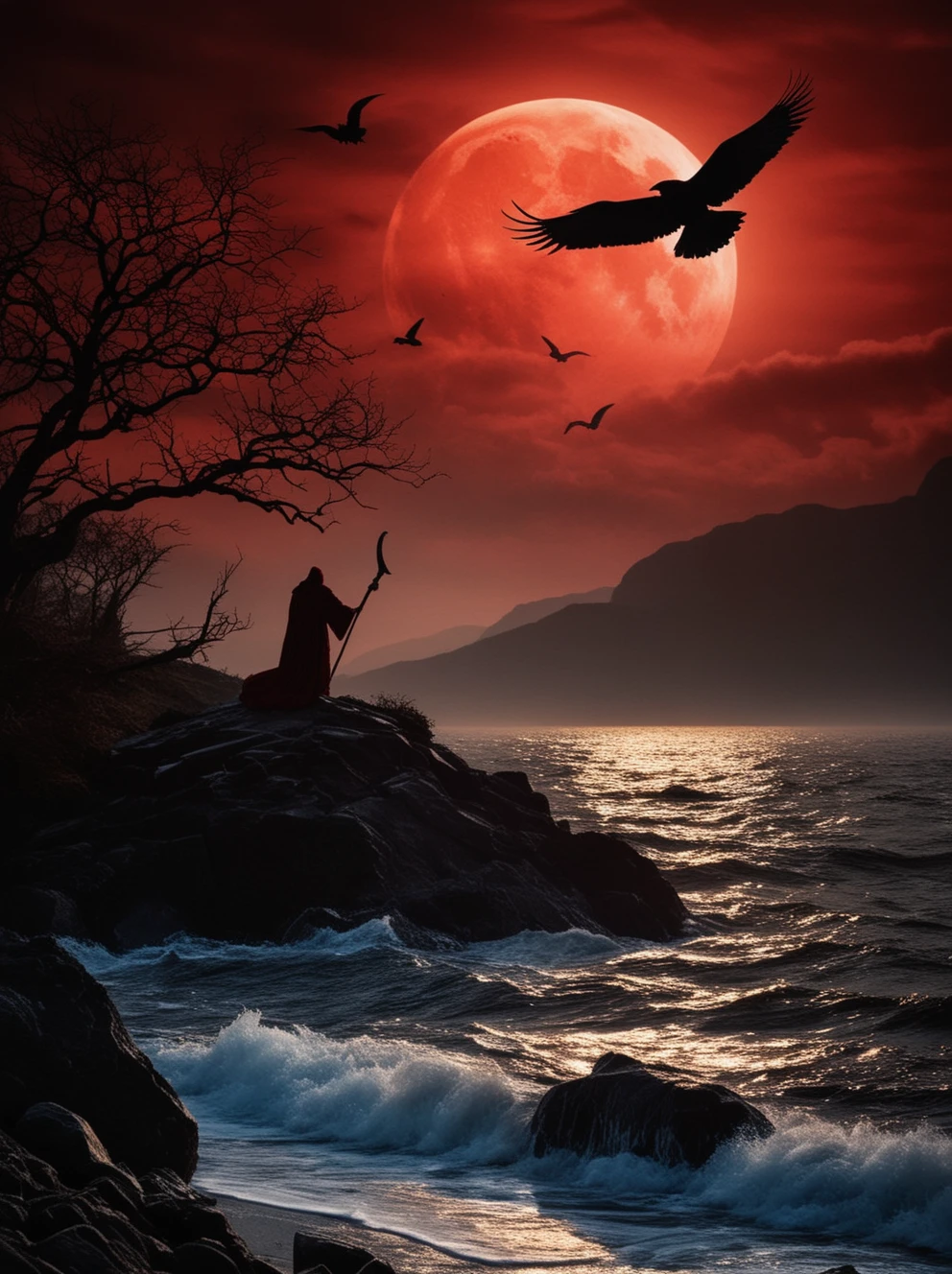 A grim reaper in a flowing crimson robe sits atop a weathered granite crag overlooking a dark lake, grasping a colossal rust-hued scythe. Face obscured by shadows, its presence is shrouded in mystery. A gargantuan full moon with a deep sienna hue casts an ominous glow upon the scene, as swirling maroon clouds writhe like living tendrils beneath its radiant light. Ripples on the dark water's surface are interrupted by an eerie flotilla of bleached human skulls, like spectral sentinels. Above the treetops, flocks of silhouetted ravens sail upwards toward the ghostly moon's beam, stirring movement through the air. Rich tonal spectrum emerges within the image, dramatically poised in somber colours, set to elevate a sense of doom-laden foreboding. Cryptic harvester of life sits ensconced upon a moss-laded shale outcropping, watching dusk fall over glassy waters, the gigantic implement resting tranquil within dark-gloved hands. An immense scarlet moon, an auroral spectral presence overhead emits smoky radiance toward undulating smoke grey swirls and water flecked blots visible just beneath its elevated stature. Dark sea nearby casts reposing shades strewn across as lifeless forms floating wildly â shattered headsculls skimming into waves made deeper by death above still, crystal glass like skin. As final shadows of the night swoop to find rest suddenly a throng swoop upward rising to take form â night birds like feather strewn quills speeding towards that molten moon burning bright and its translucent gleam. Death waits tranquilized amidst ocean-sheltered rock formations, his faint persona masked under tenebrous shadow at moonrise, clutched handle heavy in some still, brooding scimitar, sheen dapplight of steel glints gently outward from grasping bony hands where crimson shadows writhe away to the far verge of jagged wave crests catching burning rubescent sunlight through wispy black gauzed veils. Mounds are pebbled deep beneath sullied streams flowing calmly lit just beneath â the crescent form of lunar sphere â glowing deep burning tallow â massive glows set fast across glimmerings spread away; darkness swept far as human remains of unfrequented silent sea wash around drifting faintly below all caddies hollow on death as midnight flocks fly out trembling overhead through plucked<lora:Positive_Astigmatism_0.6_SDXL-000009:0.1><lora:Astigmatism_0.5b:0.1>