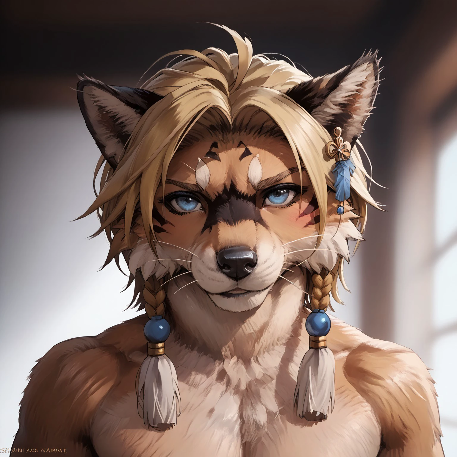 safe_pos, score_9_up, score_8_up, score_7_up, score_6_up, Score_5_up, Score_4_up,
Zaush, sn0wsk4u,
high quality, detailed, masterwork,
portrait, closeup, frontview
1boy, furry, mature male,
(twink), (footpaws), (slim waist), tall,
Nanaki, Blonde Hair, Skyblue Eyes, black face markings,
hair feather ornaments,
shirtless,