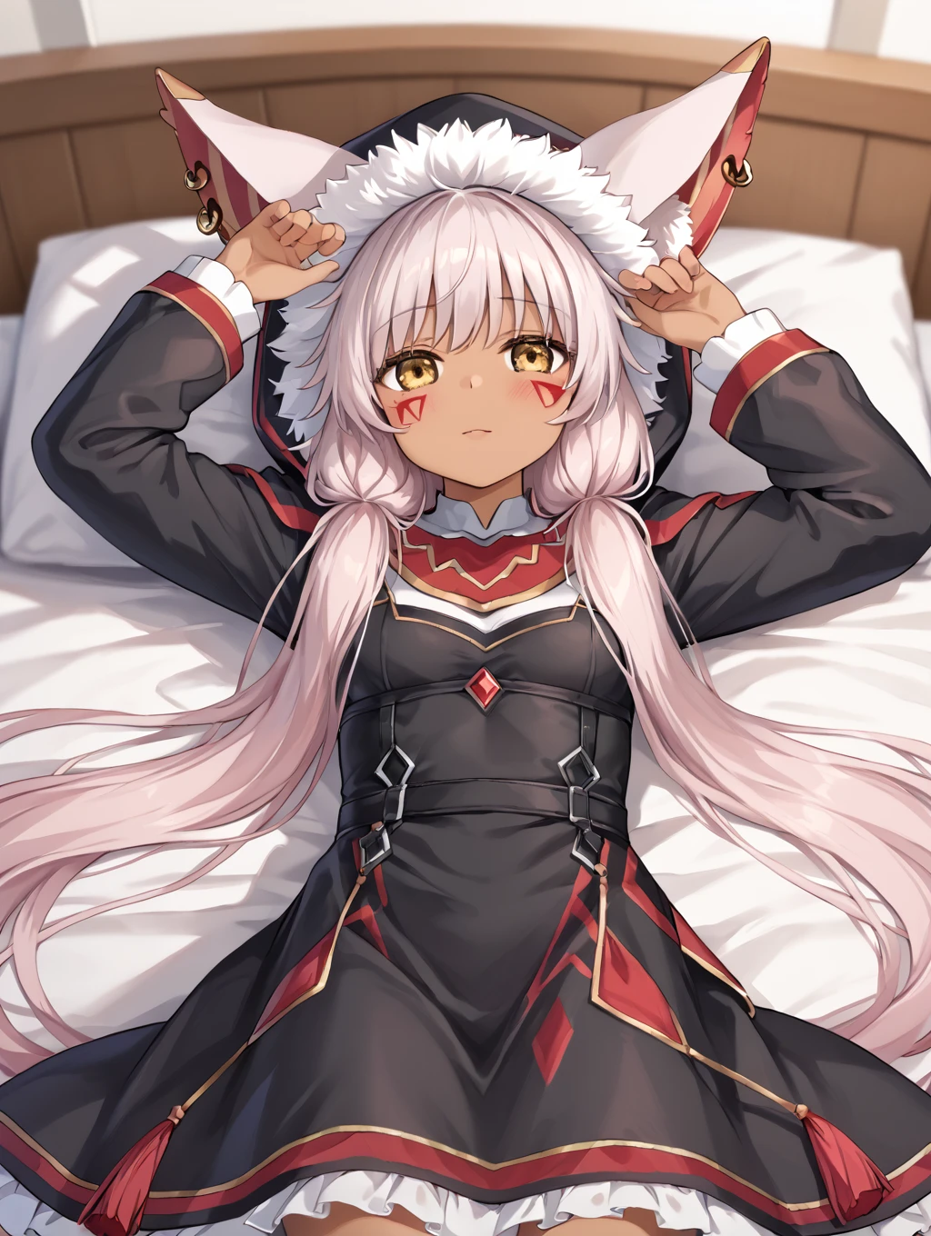 lupina, 1girl, solo, long hair, blush, long sleeves, dress, animal ears, very long hair, yellow eyes, lying, dark skin, hood, on back, dark-skinned female, sketch, feet out of frame, white hair
masterpiece, best quality,amazing quality, very aesthetic, absurdres, depth of field, blurry background, extremely detailed face, detailed eyes