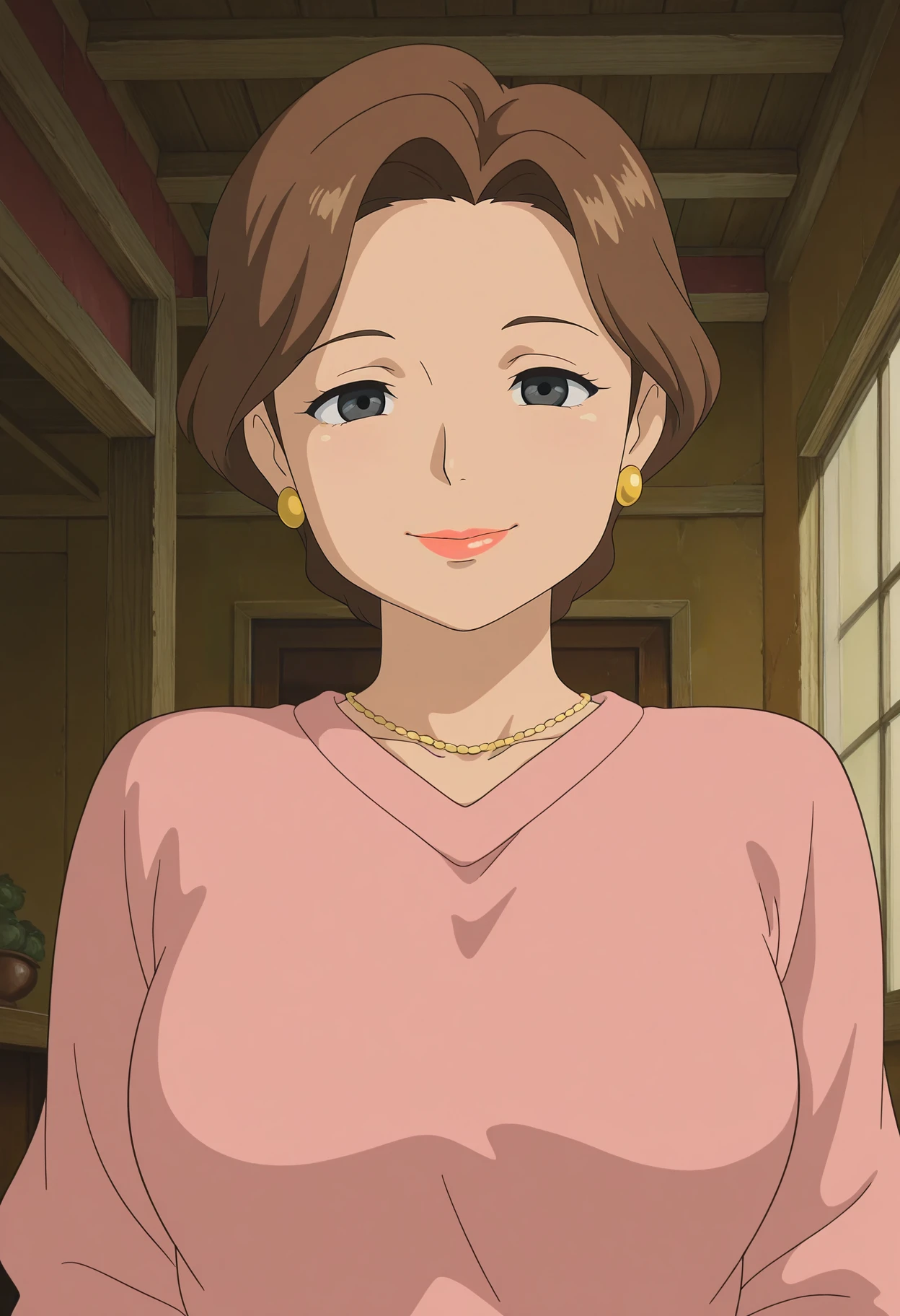 1girl,solo,mm,mature female,brown hair,black eyes,short hair,earrings,lipstick,anime coloring,
pink sweater,upper body,looking at viewer, smile,indoors
,masterpiece,best quality,amazing quality,<lora:Yuuko_Ogino-Sen_to_Chihiro_no_Kamikakushi_ix:0.8>