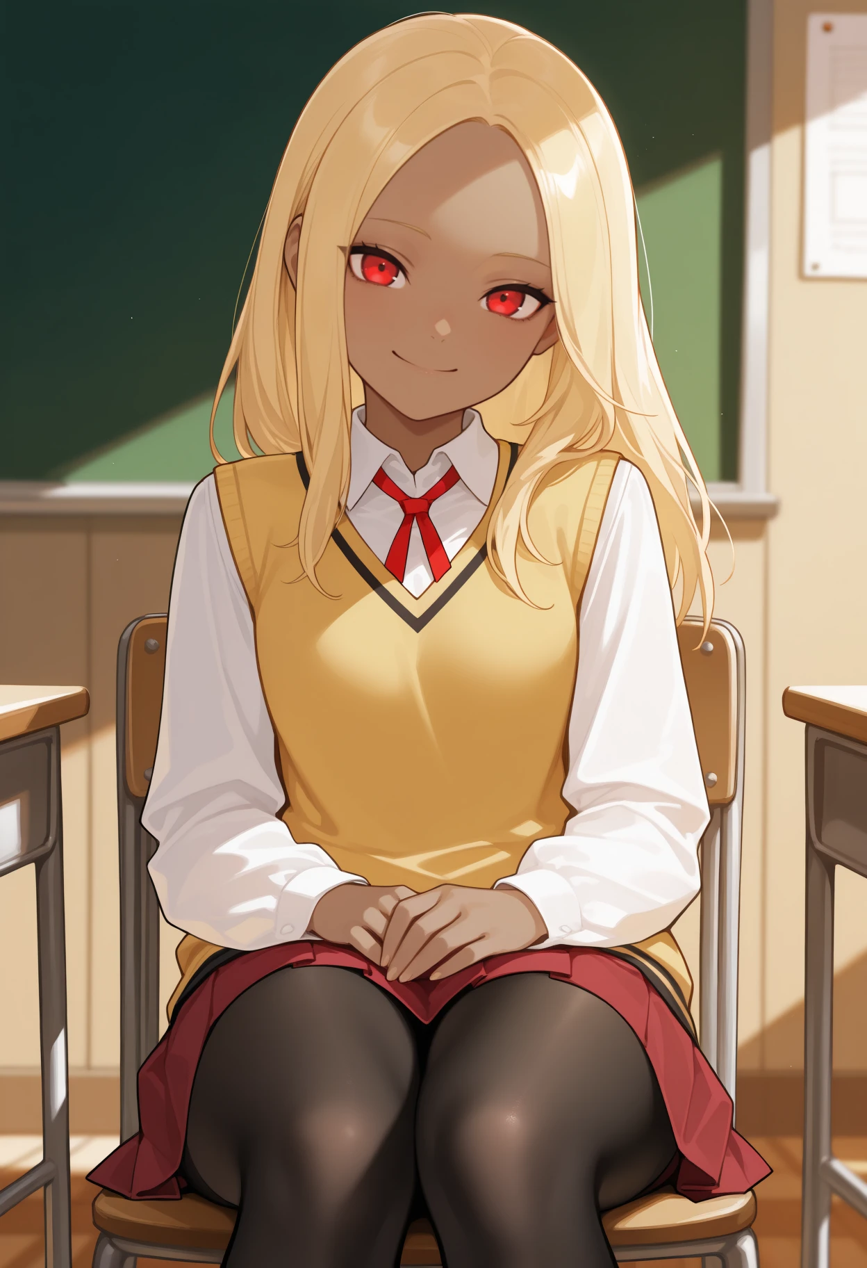 masterpiece, best quality, feet out of frame, solo, 1girl, k4tschool, dark-skinned female, smile, looking at viewer, sitting, on chair, hands on own thighs, long hair, blonde hair, red eyes, yellow sweater vest, white shirt, collared shirt, neck ribbon, red ribbon, red skirt, pleated skirt, black pantyhose, indoors, classroom
<segment:yolo-Anzhc Face seg 640 v2 y8n.pt,0.4,0.5//cid=1>