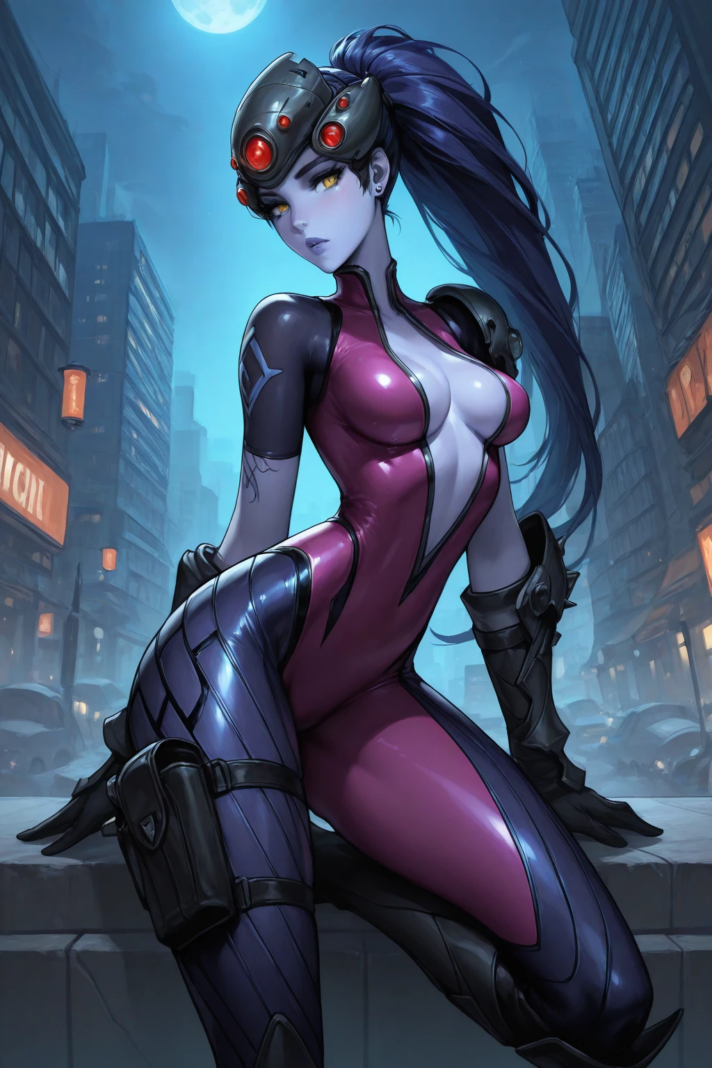 masterpiece, good quality, best quality, very awa, very as2, absurdres, highres
<lora:WidowmakerIlluLoRA:0.8>wdwmakr, colored skin, long hair, ponytail, yellow eyes, head-mounted display, bodysuit, stud earrings, single pauldron, single vembrace, gloves, tattoo on arm, center opening, cleavage, thigh holster, knee boots, skin thight
<lora:Blade & SoulStylelluLYCO:1> bns, city at night