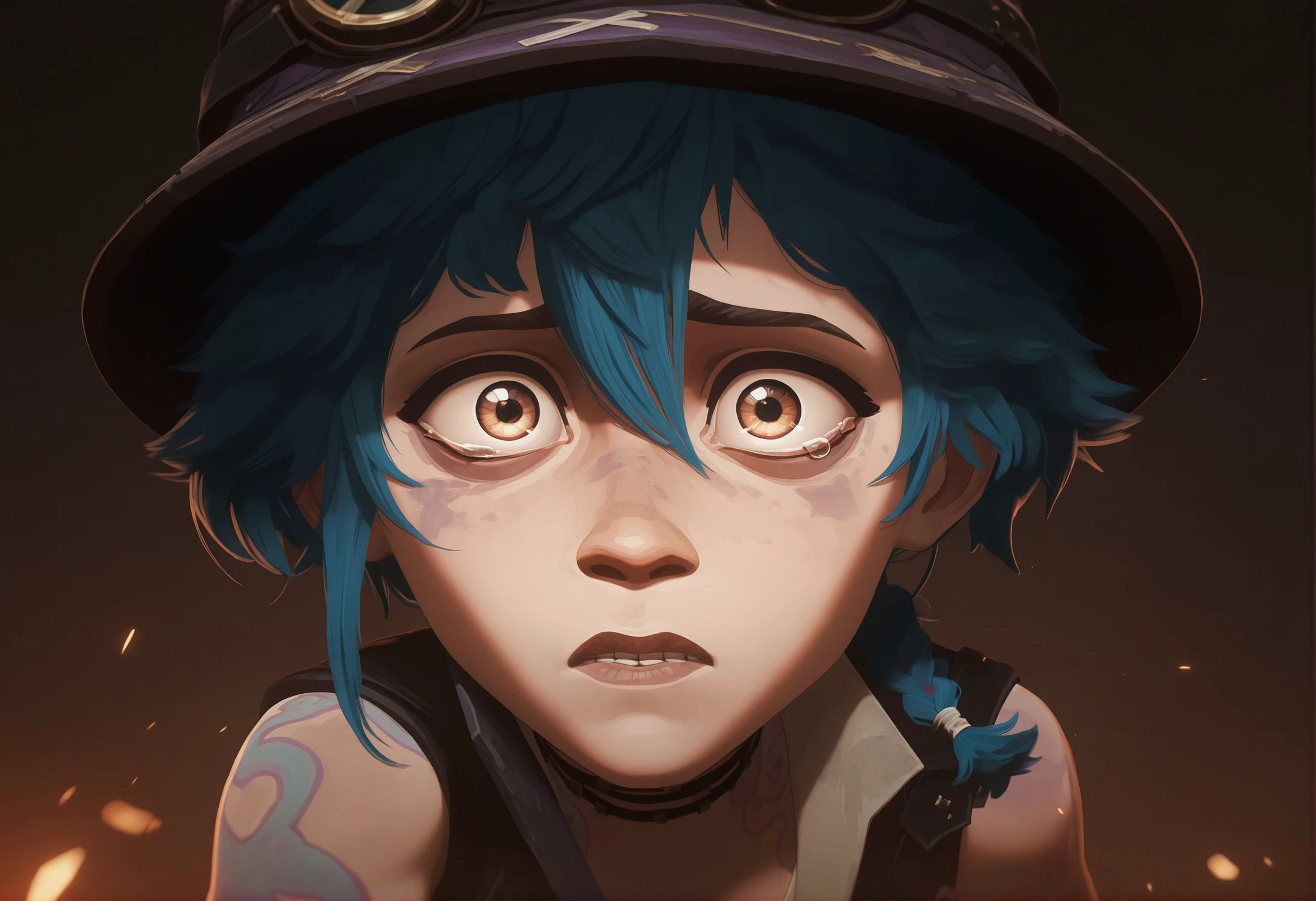 masterpiece, best quality, amazing quality, very aesthetic, absurdres, newest, close up, solo, blue_hair, 1girl, 1sh4, embers, hat, tattoo, looking_at_viewer, looking over her shoulder, tears, shoulder_tattoo, braid, brown_eyes, arm_tattoo, short_hair, parted_lips, sparks, Arcane Style, <lora:23029ffd-e4e6-4870-a2b4-fb6b510c1f0b:0.7>, <lora:38f302e2-3026-4e4e-8dac-bcda24701880:0.8>