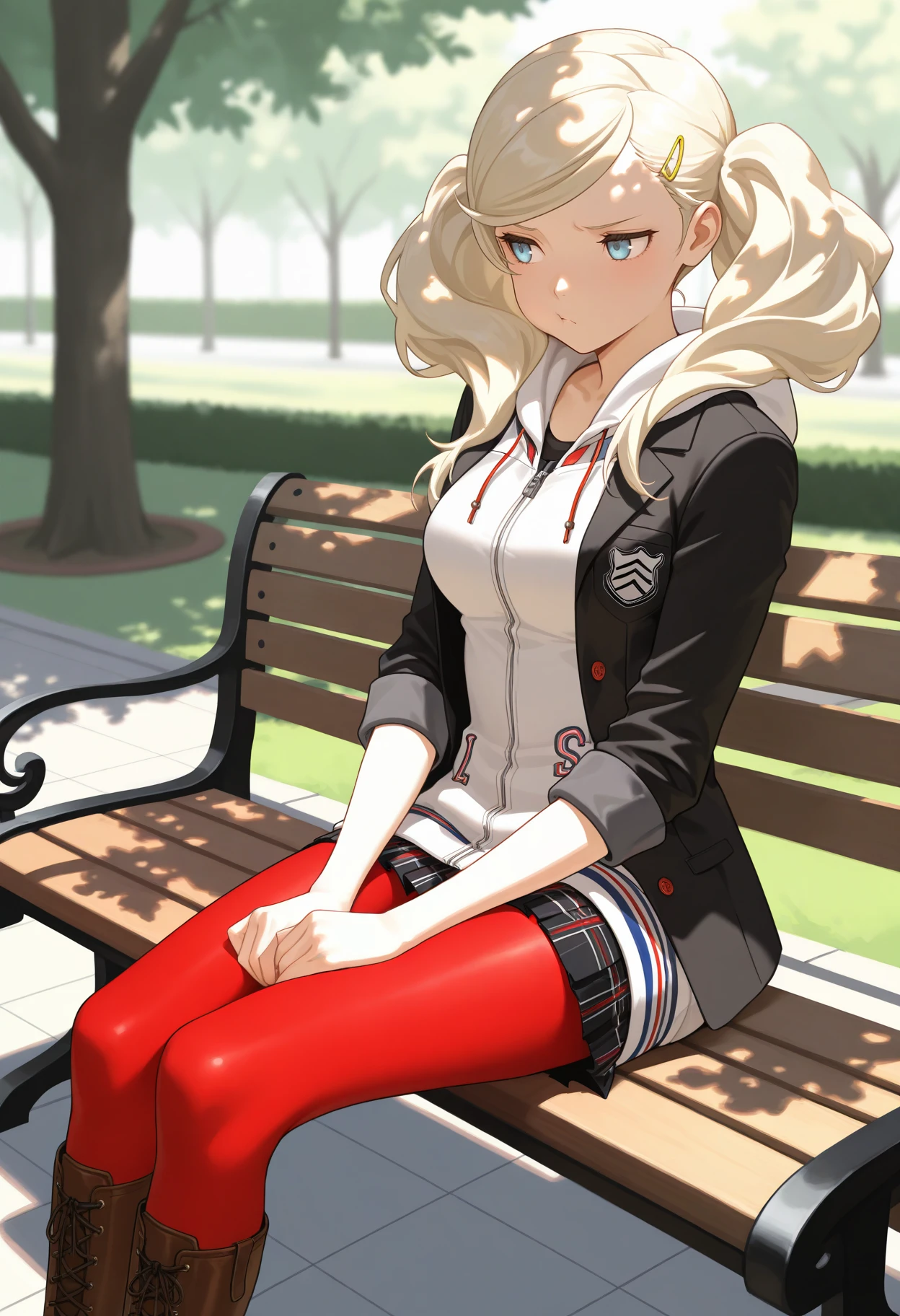 masterpiece, best quality, 1girl, sitting, hands on lap, :t, averting eyes, <lora:AnnP5df-illu:1> dfAnn, blonde hair, twintails, swept bangs, hairclip, blue eyes, medium breasts, school uniform, white hoodie, black blazer, open blazer, sleeves rolled up, plaid skirt, pleated skirt, red pantyhose, knee boots, brown footwear, lace-up boots, bench, park, outdoors, dappled sunlight