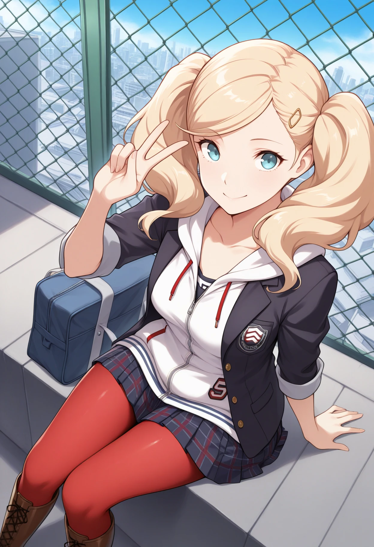 masterpiece, best quality, 1girl, sitting, foreshortening, looking at viewer, smile, school bag, v, from above, <lora:AnnP5-illu:1> dfAnn, blonde hair, twintails, swept bangs, hairclip, blue eyes, collarbone, school uniform, white hoodie, black blazer, open blazer, sleeves rolled up, plaid skirt, medium breasts, pleated skirt, red pantyhose, knee boots, brown footwear, lace-up boots, high heel boots, rooftop, cityscape, chain-link fence, blue sky