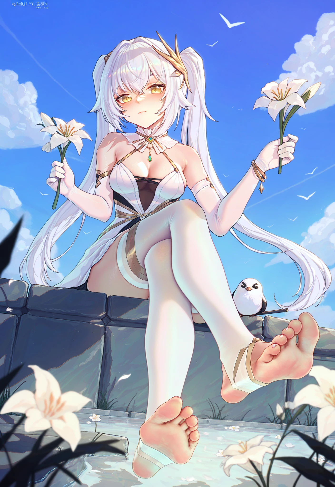 Anime girl sitting on a ledge with flowers in her hand - SeaArt AI