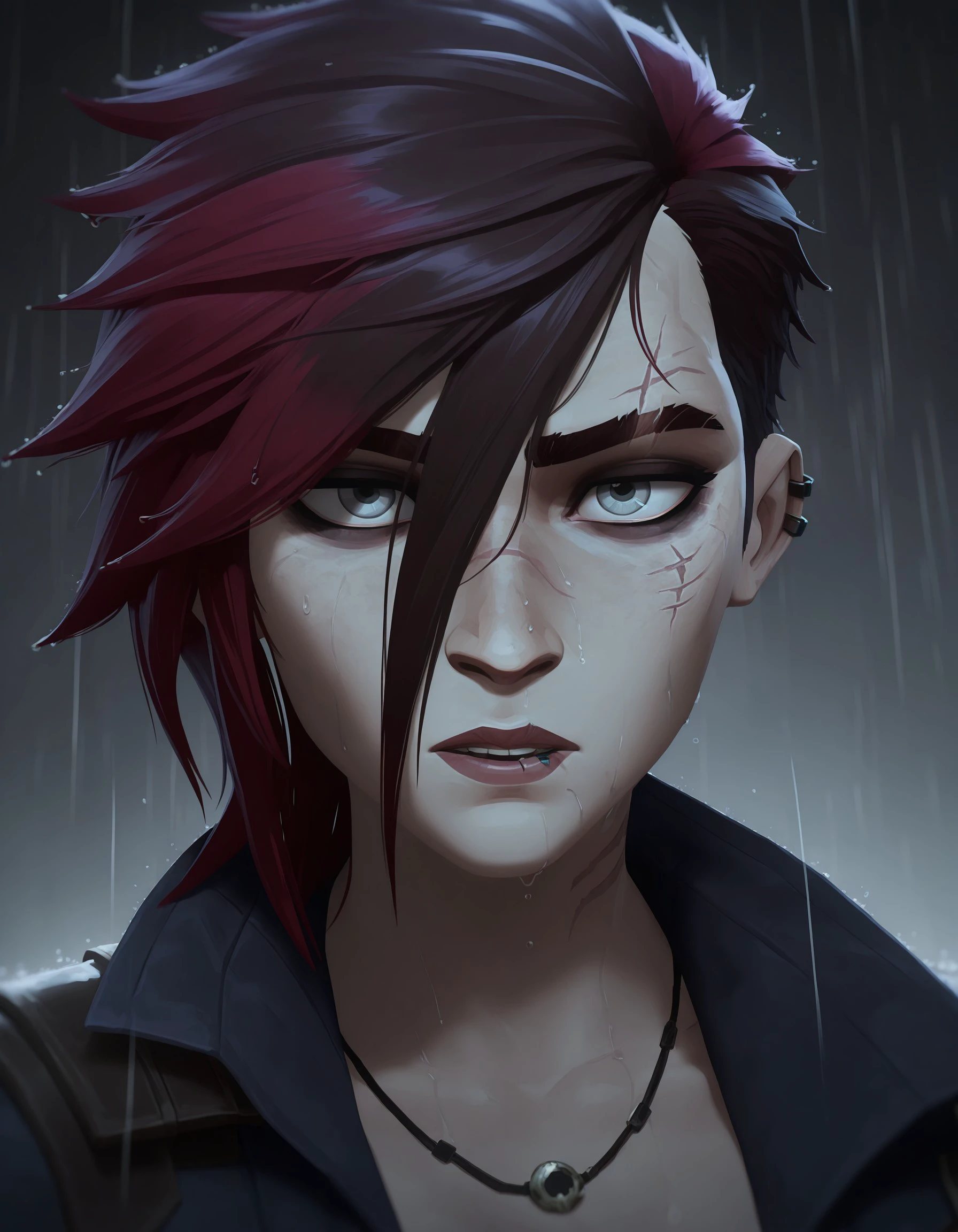 masterpiece, best quality, amazing quality, very aesthetic, absurdres, newest, solo, vi (league_of_legends), jewelry, rain, necklace, wet_hair, looking_at_viewer, parted_lips, portrait, wet, 1girl, red_hair, short_hair, scar, scar_on_face, hair_between_eyes, grey_eyes, white_background, brown_hair, piercing, bangs, Arcane Style, <lora:23029ffd-e4e6-4870-a2b4-fb6b510c1f0b:0.8>