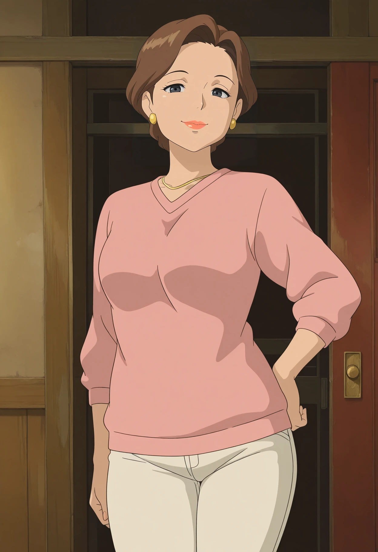 1girl,solo,mm,mature female,brown hair,black eyes,short hair,earrings,lipstick,anime coloring,
pink sweater,pants,looking at viewer, smile,indoors,hand on own hip,
,masterpiece,best quality,amazing quality,<lora:Yuuko_Ogino-Sen_to_Chihiro_no_Kamikakushi_ix:0.8>