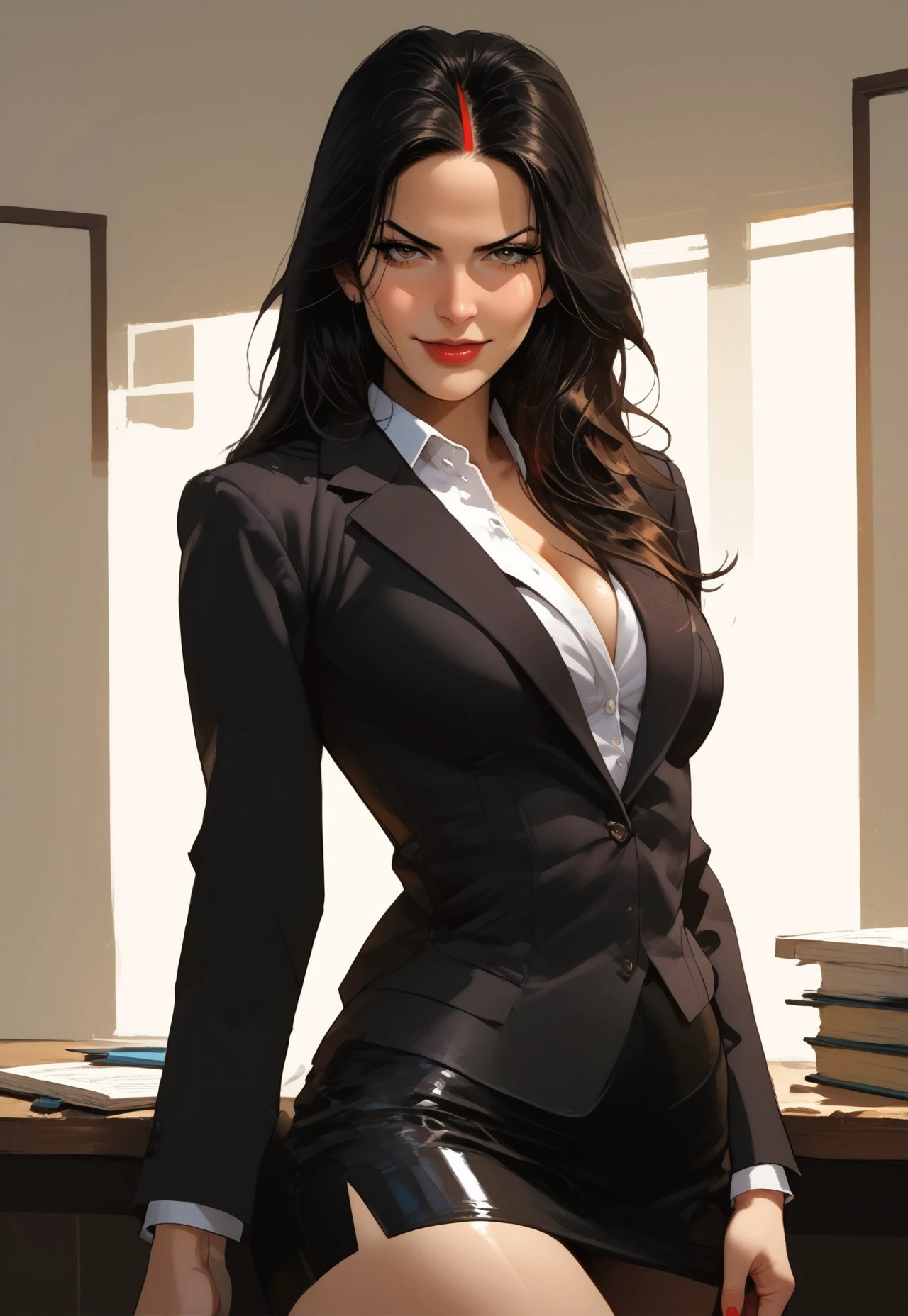 safe_pos, score_9, score_8_up,score_7_up, source_anime,2d anime,,solo,cowboy shot,solo focus,skirt suit,blazer over collared shirt,pencil skirt,looking at viewer,seductive smirk, <lora:Expressive_H:1> expressiveh, sindoor, bindi