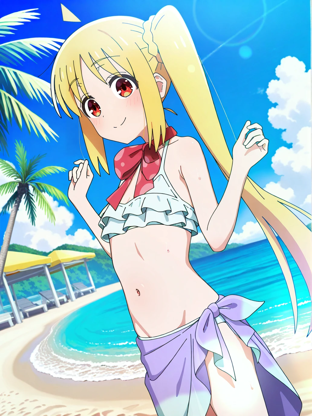 best quality, masterpiece, highres, solo, {night:1.10}, {starry sky:1.10}, beach, beautiful detailed sky, {extremely detailed background:1.20}, {hagimura_suzu_seitokaiyakuindomo:1.15}, {standing:1.10}, looking at viewer, {bikini:1.30}, blonde_hair, long_hair, twintails, brown_eyes, light smile