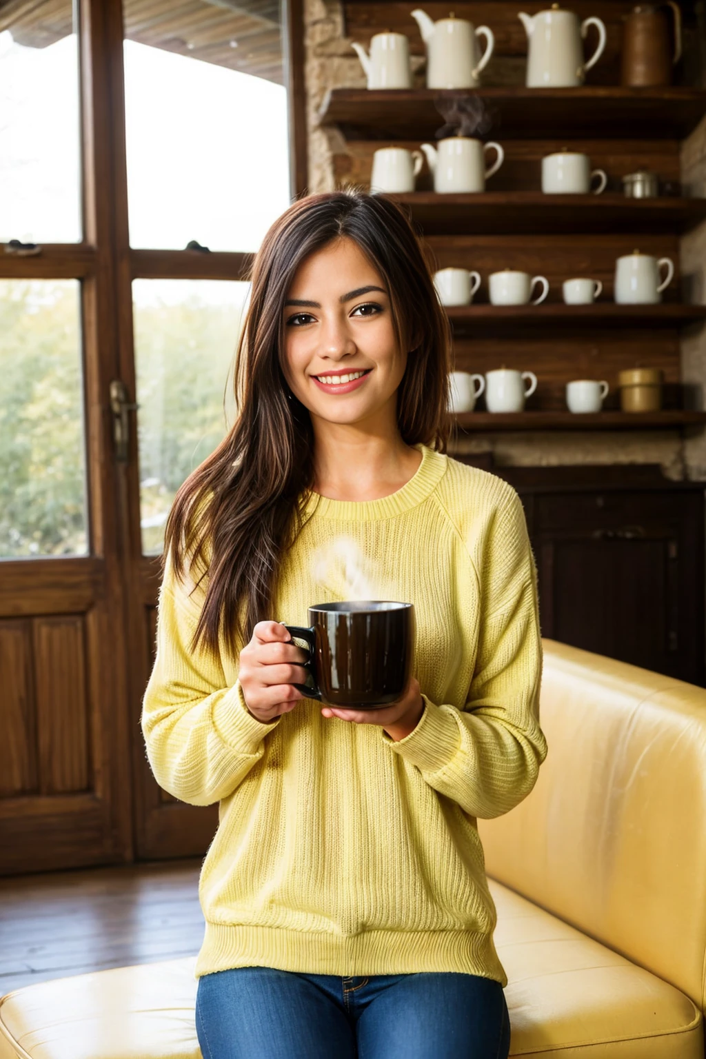 Arafed woman sitting on a couch holding a cup of coffee - SeaArt AI