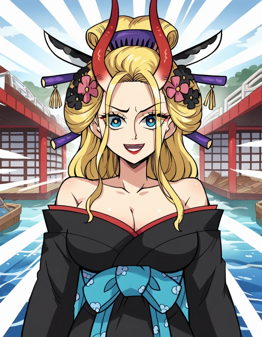 score_9, score_8_up, score_7_up, source_anime, <lora:black-maria-ponyxl-lora-nochekaiser:1>, black maria, blue eyes, long hair, blonde hair, large breasts, hair ornament, flower, horns, hair flower, lips, eyelashes, makeup, lipstick, oni horns, oni, hair stick, kanzashi, anime screencap, cleavage, bare shoulders, collarbone, japanese clothes, horns, wide sleeves, kimono, off shoulder, sash, obi, black kimono,, drydock, repair, ships, water, construction, , <lora:seyana-ponyxl-lora-nochekaiser:1> seyana, seyana (meme), gyari (imagesdawn) (style), sunburst background, sunburst, meme, emphasis lines, bright pupils, empty eyes, white pupils, smile, open mouth, looking at viewer, solo,, cowboy shot, solo