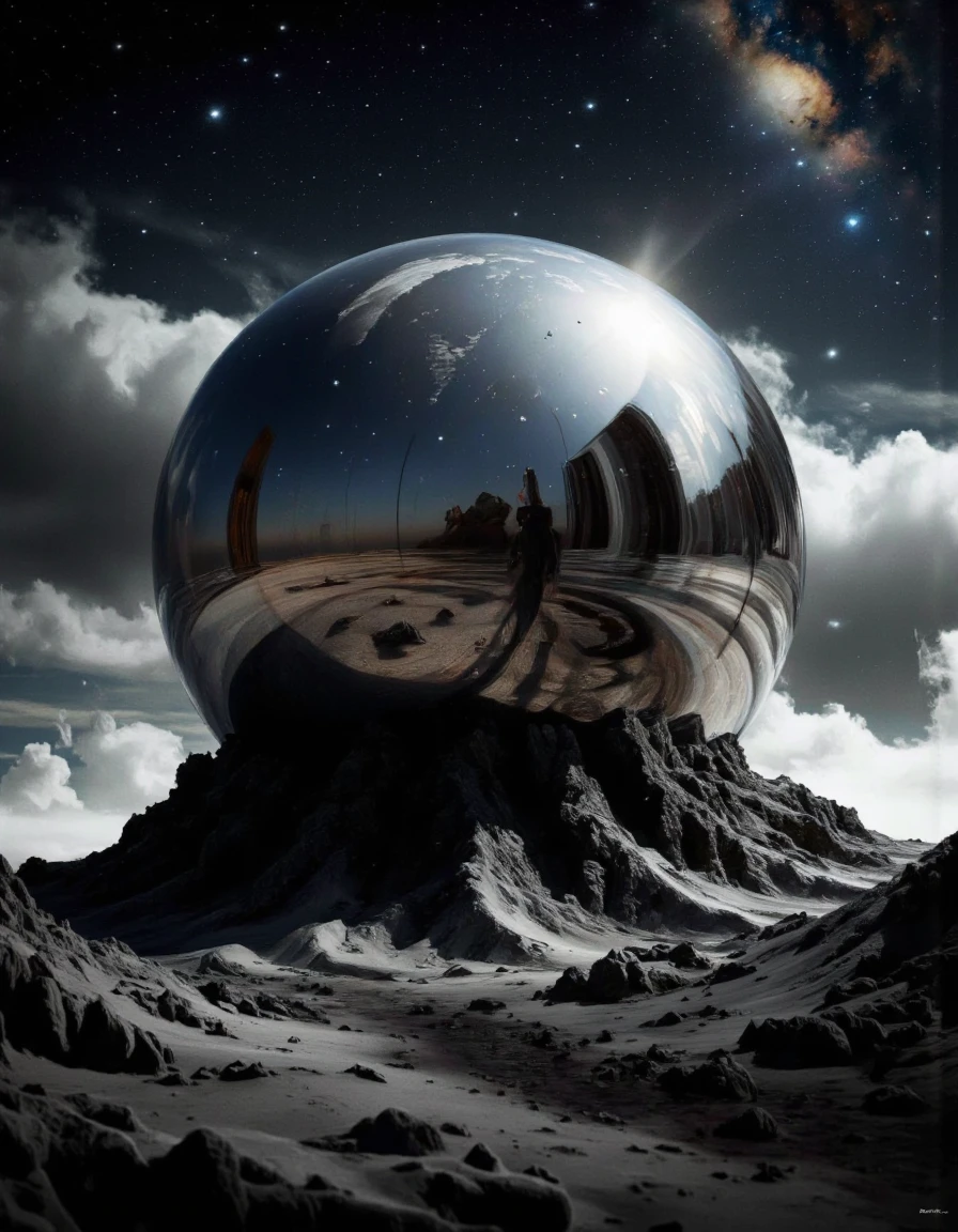 The image is a digital art piece that appears to be a surreal landscape. It is a close-up of a large, spherical object that is tilted slightly to the right. The object is made of a shiny, reflective material that reflects the light and creates a mirror-like effect. The surface of the object is covered in a dark, textured pattern that creates a sense of depth and dimension. The background is a vast, starry sky with a hint of a galaxy visible in the top right corner. The overall mood of the image is mysterious and awe-inspiring. <lora:landscape:1>