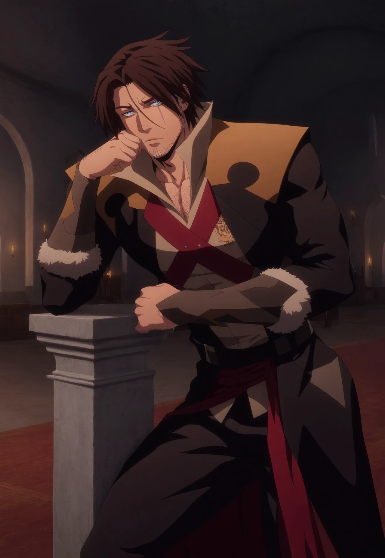 masterpiece, best quality, amazing quality, very aesthetic, absurdres, newest, vampireHunter, 1boy, solo, athletic, brown hair, blue eyes, stubble, thick body hair, hairy, shirt, coat, leaning on column, bored, indoors, castle, straight-on