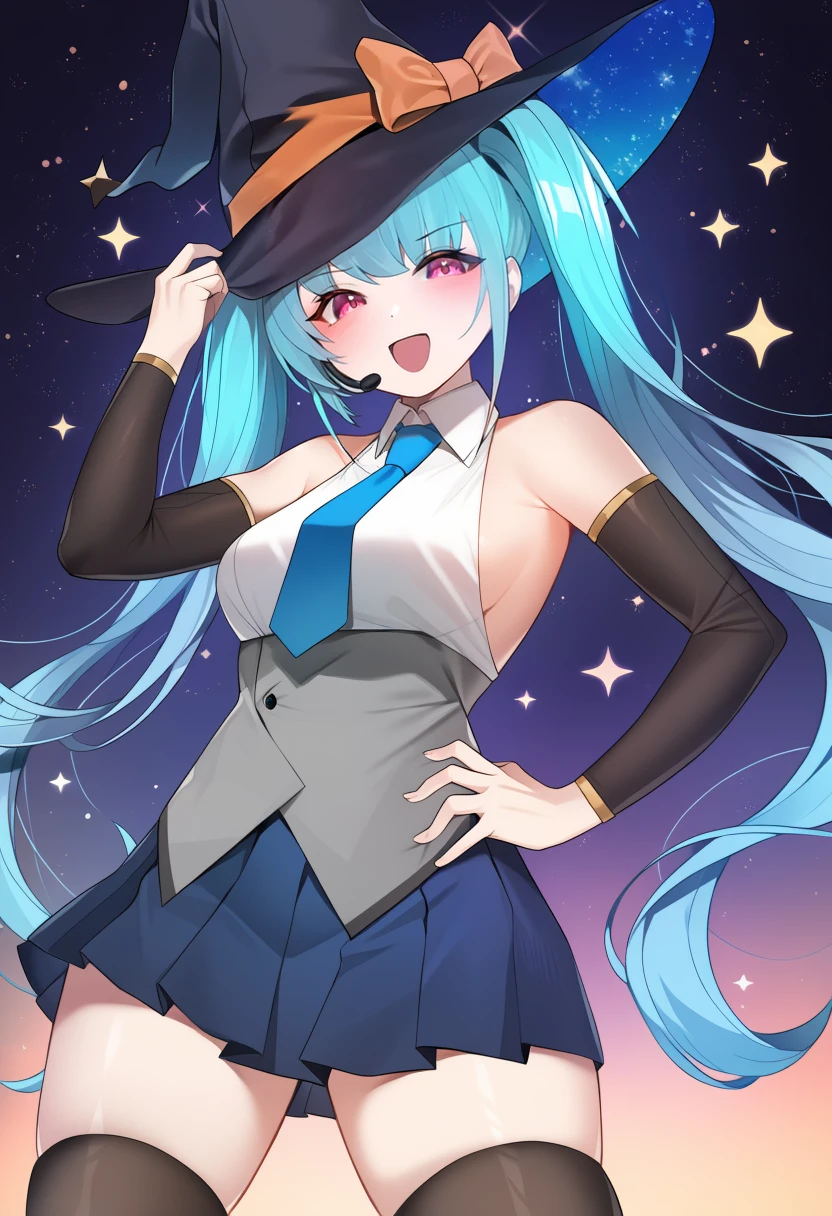 masterpiece, best quality, 1girl, solo, teal hair, hair updo, hair in space buns, teal eyes, large breasts, expressionless, naked toroso, bolero style jacket, bikini bottom, thigh high heels, evil smile, night, starry sky, border, lily, moon, mountain, lake, white background, simple background, panorama, perspective, foreshortening, from top, from front,