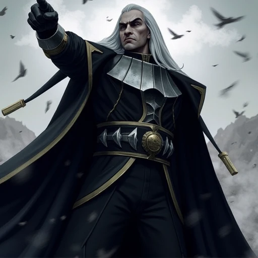 he points forward with his right arm, 1boy, Swain levitates in military uniform and a black cloak, determination and sternness. A large black cloak flutters behind him. Long white hair falls to his shoulders. Authoritarian posture.