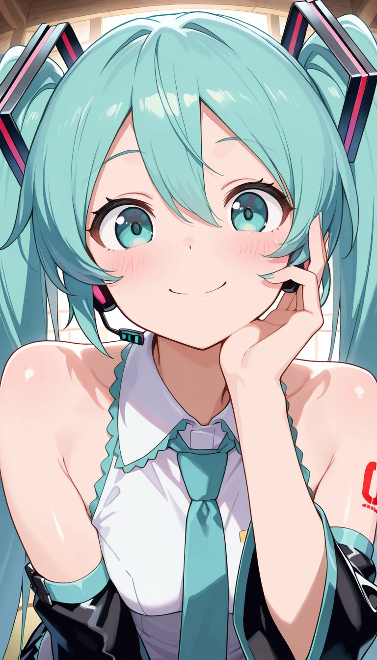 (masterpiece),best quality,amazing quality,very aesthetic,absurdres,newest,perfect body,shiny skin,perfect eyes,detail1eye,well-defined fingers,well-defined fingernails,anime style,indoors,1girl,solo,upper body,(portrait:1.5),looking at viewer,facing viewer,smile,blush,hatsune miku,absurdly long hair,aqua hair,twintails,hair ornament,sidelocks,hair between eyes,parted bangs,aqua eyes,white shirt,collared shirt,bare shoulders,sleeveless shirt,aqua necktie,detached sleeves,black sleeves,shoulder tattoo,fringe,black thighhighs,miniskirt,pleated skirt,zettai ryouiki,thigh boots,<lora:Hatsune Miku(voc)-Illus-Remake:2>,