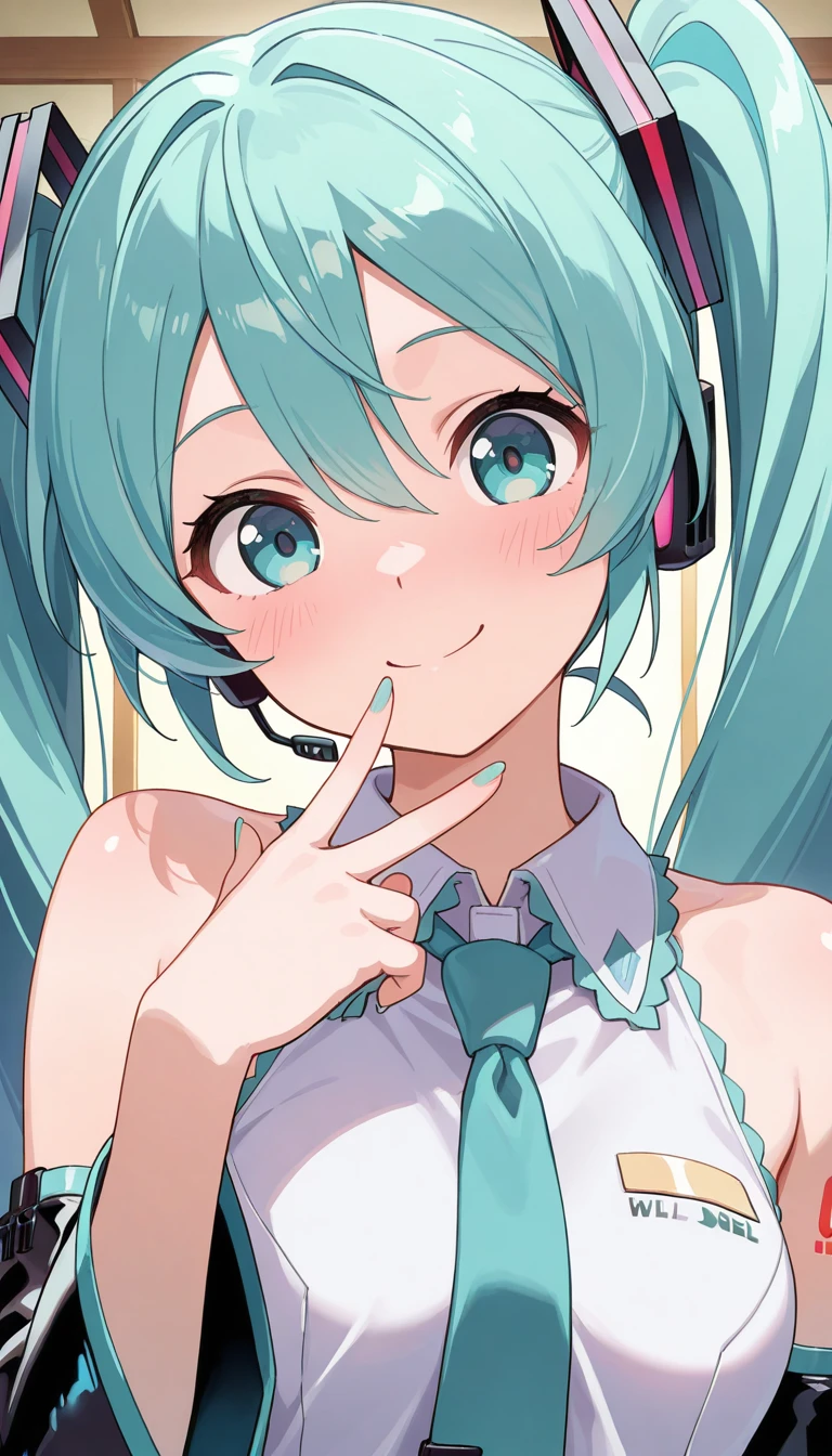 (masterpiece),best quality,amazing quality,very aesthetic,absurdres,newest,perfect body,shiny skin,perfect eyes,detail1eye,well-defined fingers,well-defined fingernails,anime style,indoors,1girl,solo,upper body,(portrait:1.5),looking at viewer,facing viewer,smile,blush,hatsune miku,absurdly long hair,aqua hair,twintails,hair ornament,sidelocks,hair between eyes,parted bangs,aqua eyes,white shirt,collared shirt,bare shoulders,sleeveless shirt,aqua necktie,detached sleeves,black sleeves,shoulder tattoo,fringe,black thighhighs,miniskirt,pleated skirt,zettai ryouiki,thigh boots,<lora:Hatsune Miku(voc)-Illus-Remake:2>,