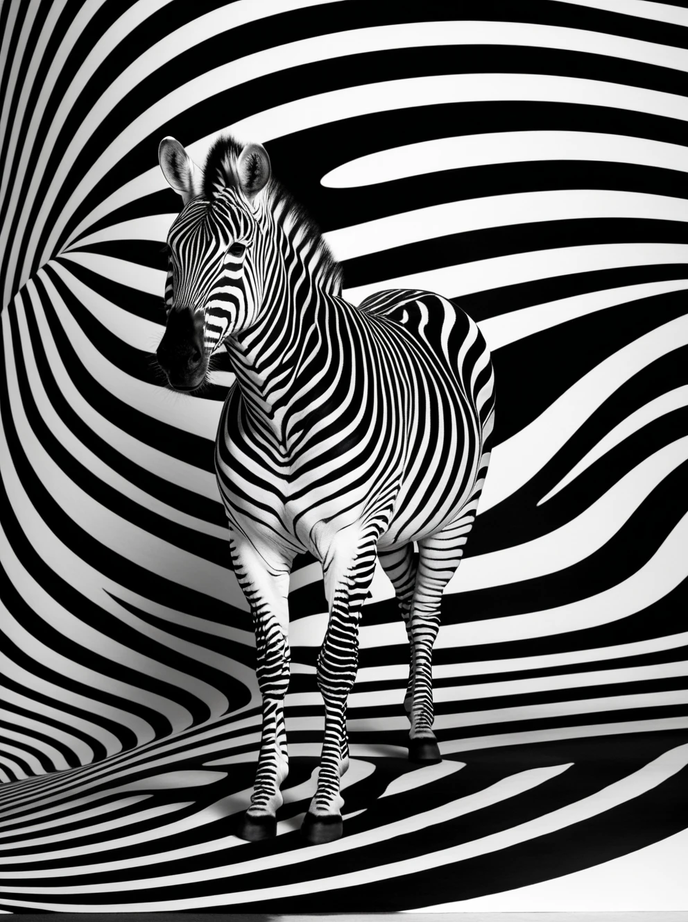 A captivating optical illusion of a zebra standing against a mesmerizing backdrop of alternating black and white horizontal stripes. The zebra's pose, with its curved body and head tilted towards the top-right corner, creates an illusory sense of motion amidst the static pattern. The stripes rise from the bottom, giving the impression of an infinite upward journey, merging art and perception in a visually striking manner.<lora:Positive_Astigmatism_0.6_SDXL-000009:0.1><lora:Astigmatism_0.5b:0.1>