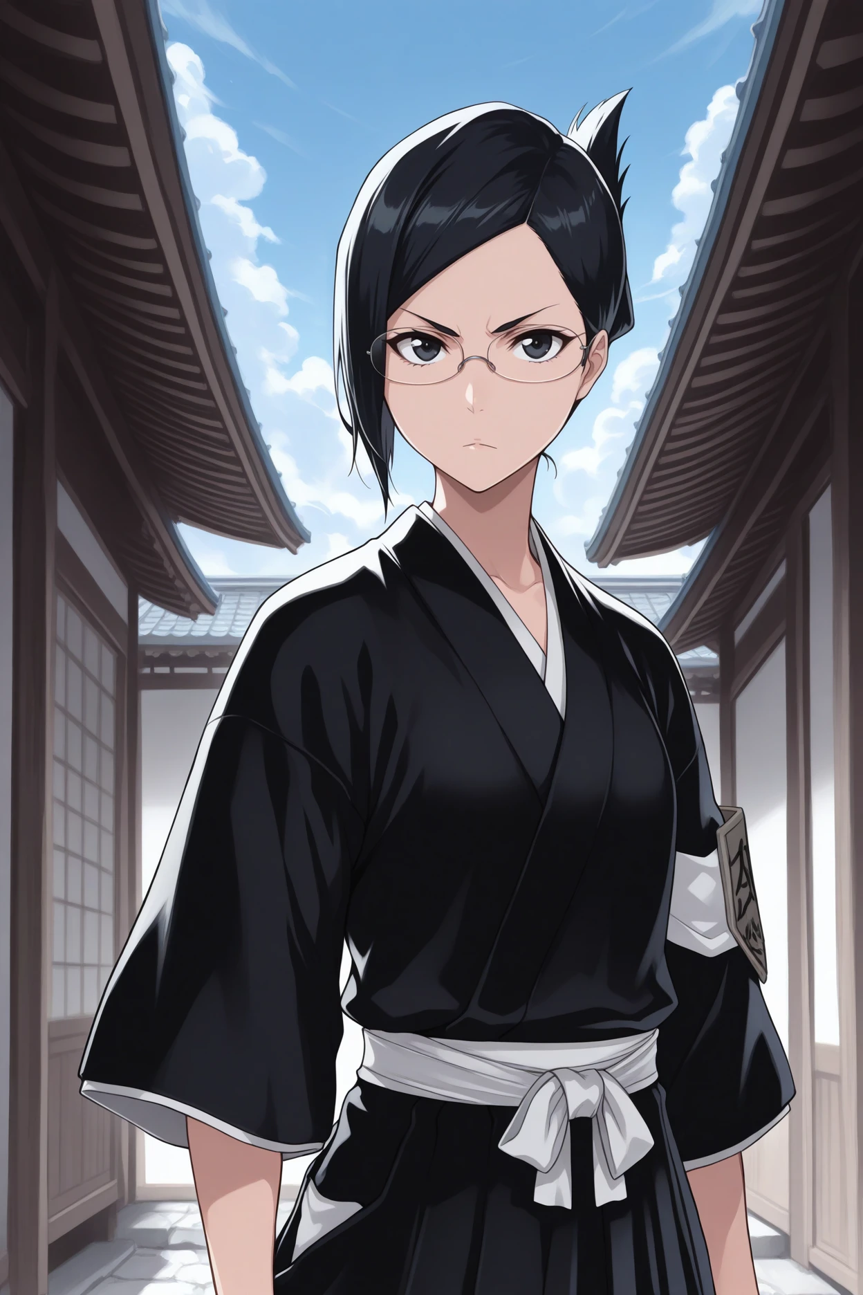 masterpiece, best quality, 1girl, solo, <lora:isenanao-illu-nvwls-v1-000005:1> blIse, black hair, folded ponytail, short hair, black eyes, glasses, black kimono, black hakama, white sash, tabi, armband, arm badge, upper body, looking at viewer, serious, blue sky, east asian architecture, clouds