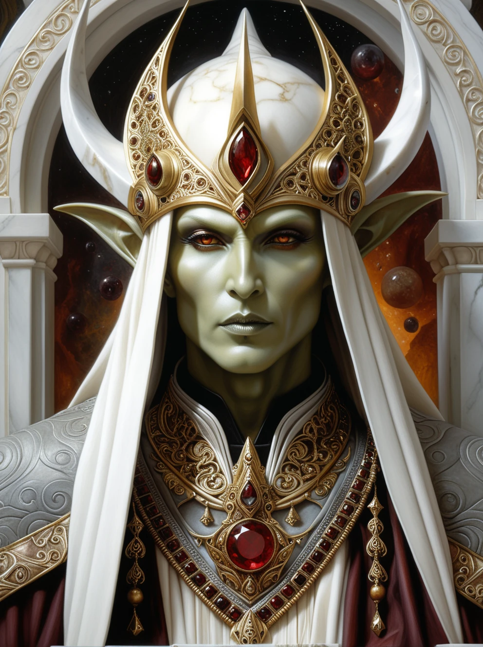 Upper body portrait, in the style of dark white and light bronze, gold filigree, fierce alien priest on an alien planet, adorned with garnet and bloodstone gemstones, standing in ancient white marble temple, by Brian Froud and Heather Theurer, extremely detailed head and face, very realistic and symmetrical eyes, (eye contact with viewer), hyper detailed, hyper quality, artstation award winner, Epic realism, meticulous masterpiece The most compelling work of art ever produced, every intricate detail holding a narrative or philosophical concept that entrances. The entire composition is lauded by the modern masters as truly mesmerizing, the artwork itself considered by some too sacred to even show the common world. The work is dynamic and complicated, with multiple forms of media layered in complex and innovative ways, at times mind-bending in the creative solutions the artist found to produce what is lauded as the only truly creative work ever produced by mankind<lora:Positive_Astigmatism_0.6_SDXL-000009:0.1><lora:Astigmatism_0.5b:0.1>