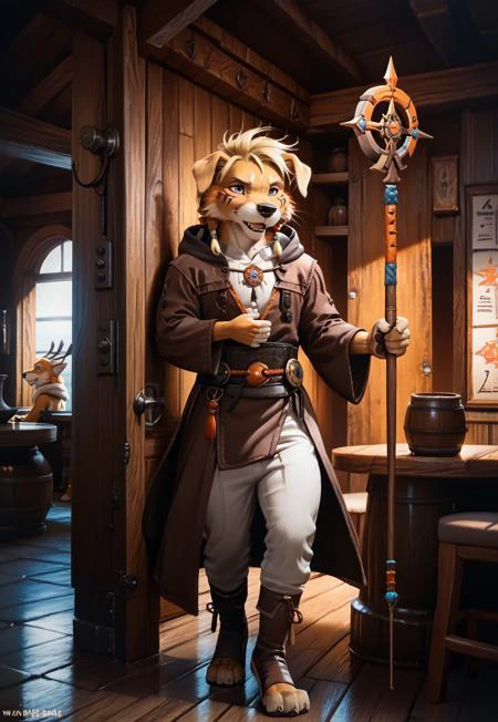 score_9_up, score_8_up, score_7_up, score_6_up, Score_5_up, Score_4_up, 
Z4ush, wfpdw,
high quality, detailed, masterwork,

1boy, furry, mature male,
Full body,

Standing, Supporting with staff,

Nanaki, Slim waist, twink, feet paw, muscular legs,
blonde hair with orange accents, (silver iris), white-golden fur, face tattoo, folded ears,
Wondering expression, open mouth,
Long brown robe with hood, hooded, white pants, leather boots,






Indoors, tavern, 
Doorframe, wall, wooden wall, windows,

Stormy weather outside,



