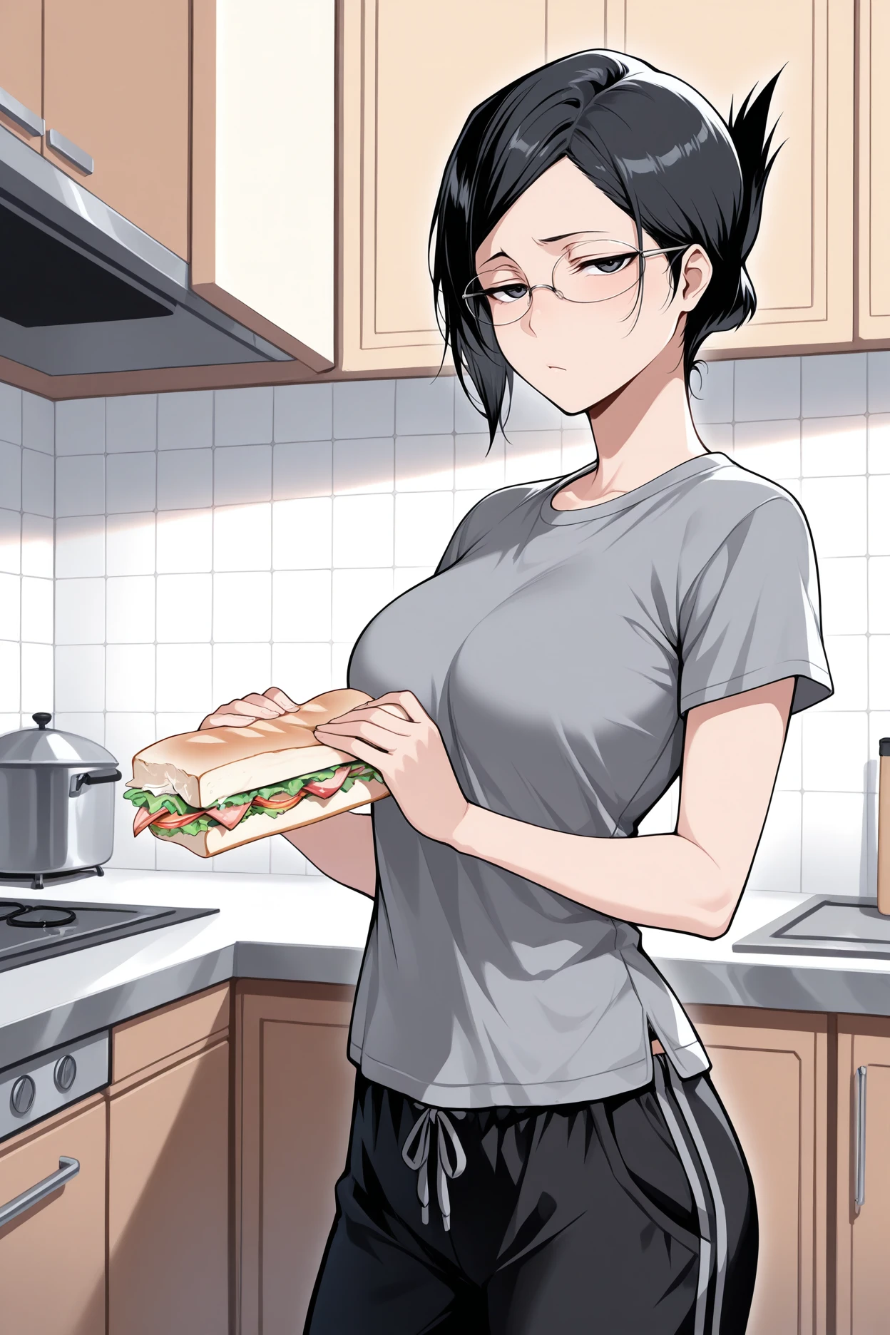 masterpiece, best quality, 1girl, solo, <lora:isenanao-illu-nvwls-v1-000005:1> blIse, black hair, folded ponytail, short hair, black eyes, glasses, grey t-shirt, black pants, half-closed eyes, tired, pajama pants, holding sandwich, kitchen, looking at viewer, breasts