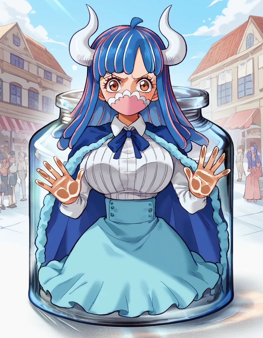 score_9, score_8_up, score_7_up, source_anime, <lora:one-piece-ulti-ponyxl-lora-nochekaiser:1>, ulti, ulti (one piece), blue hair, brown eyes, curled horns, horns, large breasts, multicolored hair, mouth mask, pink mask, two-tone hair,, bluecape, buttons, cape, collared shirt, high-waist skirt, ribbed shirt, skirt, ribbon, blue ribbon,, street market, vendor, street food, bustling crowd, local flavor, vibrant, , <lora:pixiv-bottle-ponyxl-lora-nochekaiser:1> pixiv bottle, pixiv bottle (meme), in bottle, cork, jar, in container, meme, minimized, glass, against glass, blush, sitting, wariza,, looking at viewer, solo,, cowboy shot, solo