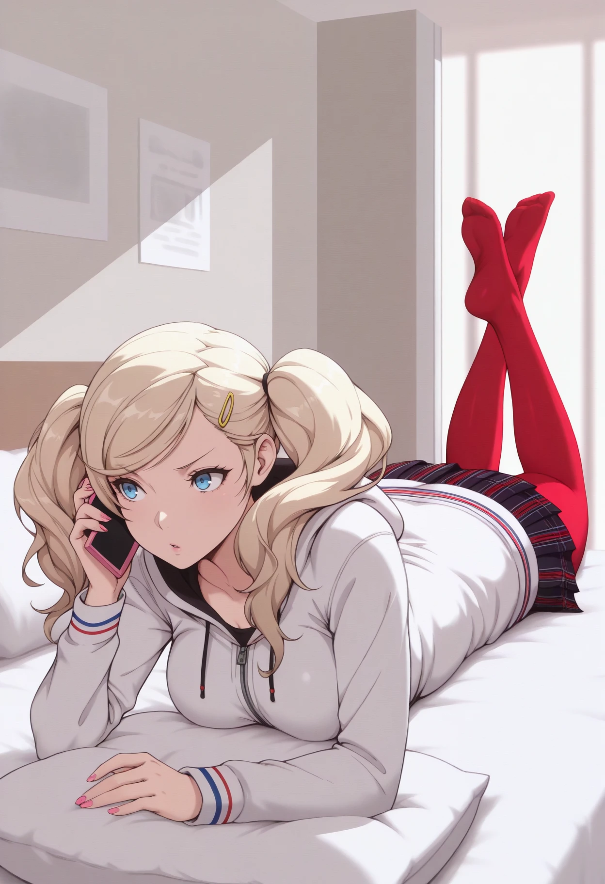 masterpiece, best quality, high quality, 1girl, the pose, talking on phone, <lora:AnnP5df-illu:1> dfAnn, blonde hair, twintails, swept bangs, hairclip, blue eyes, medium breasts, white hoodie, long sleeves, plaid skirt, pleated skirt, miniskirt, red pantyhose, no shoes, on bed, pillow, indoors, pink nails