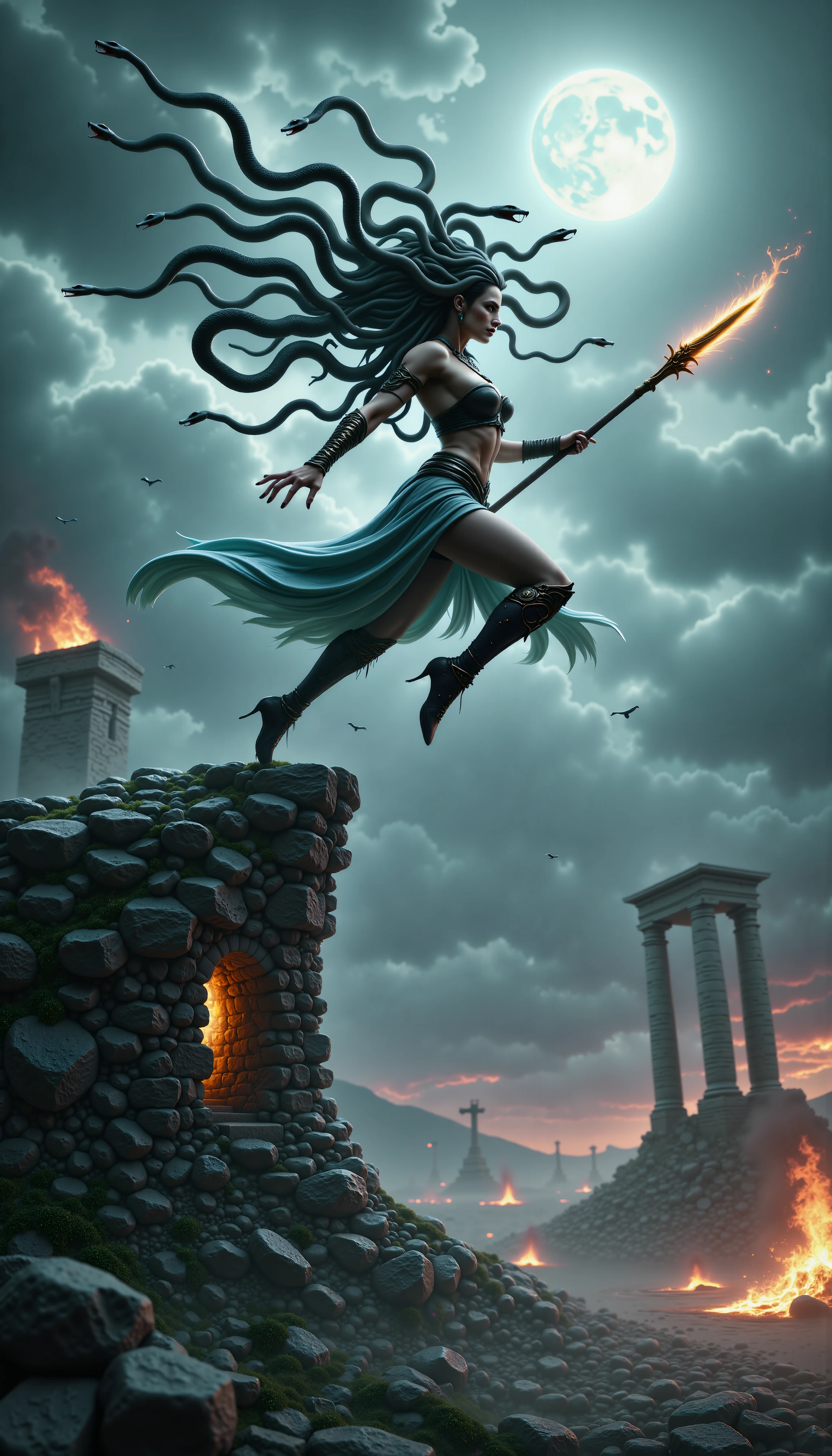 A cinematic shot of a warrior with medusa hair leaping from a ruined tower during a battle, her snake-infused hair flaring outward with kinetic energy. She wields a glowing double-edged spear mid-air, the chaos of the battlefield and stormy skies behind her, blending dynamic movement with dark fantasy.