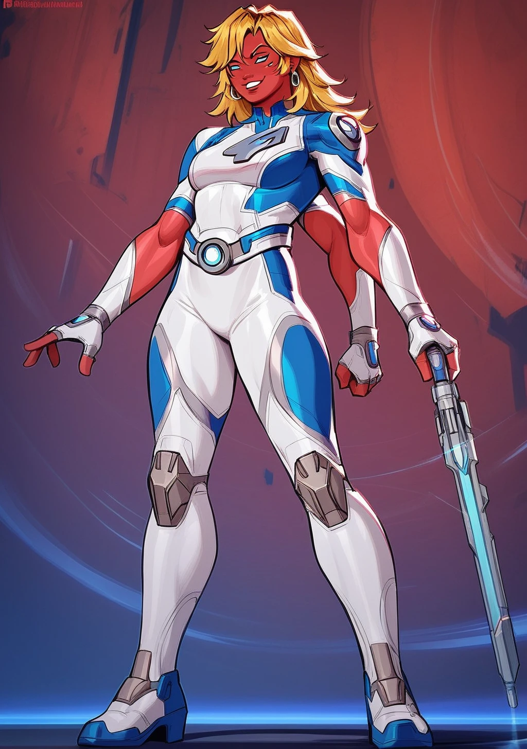 score_9, score_8_up, score_7_up, score_6_up, score_5_up, score_4_up, masterpiece, high quality, BREAK, full body, BREAK, <lora:Susan_Storm__Invisible_woman_Marvel_Rivals_Pony:0.8> sue storm (marvel rivals), susan storm, sue storm, blue outfit, earrings, blue eyes, "4" symbol, blonde hair, <lora:Tetramand_Ben10_Pony_XL:0.8> red skin, muscular, 4arms, multiple arms, multiple eyes, 4eyes, ben10, large, alien, colored skin,