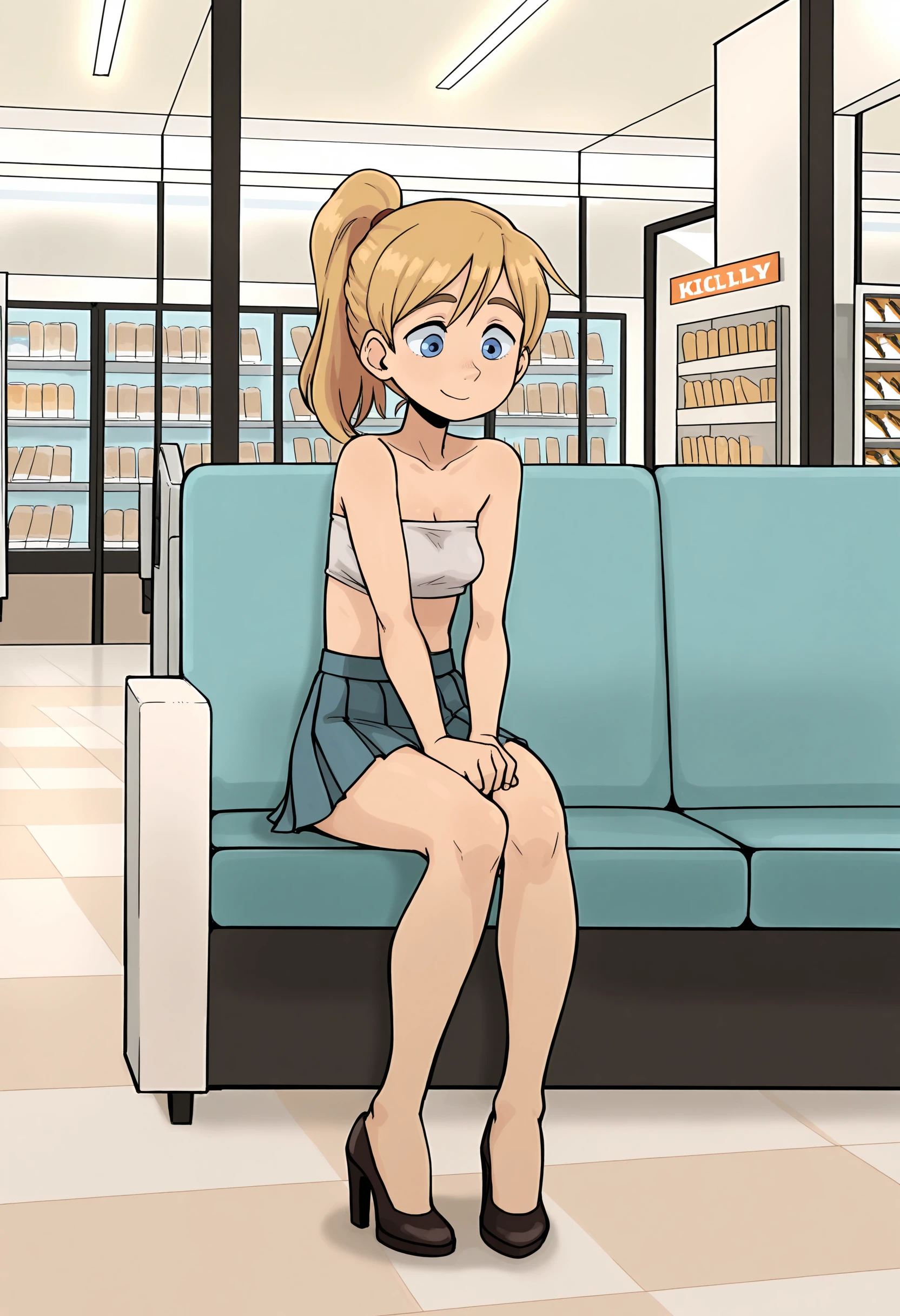 masterpiece, best quality, absurdes, 1girl, solo, full body,
(source_cartoon),
<lora:Riley Andersen (Inside Out) - Gnsisir Style (Illustrious)_v01-0:0.8>
Riley_Ander_Gnsisir, blue eyes, dirty blonde hair, ponytail, soft smile,
tube top, miniskirt, pleated skirt, high heels, sitting,
indoors, mall,
<lora:Detailer_NoobAI_Incrs_v1:0.4> detailed,