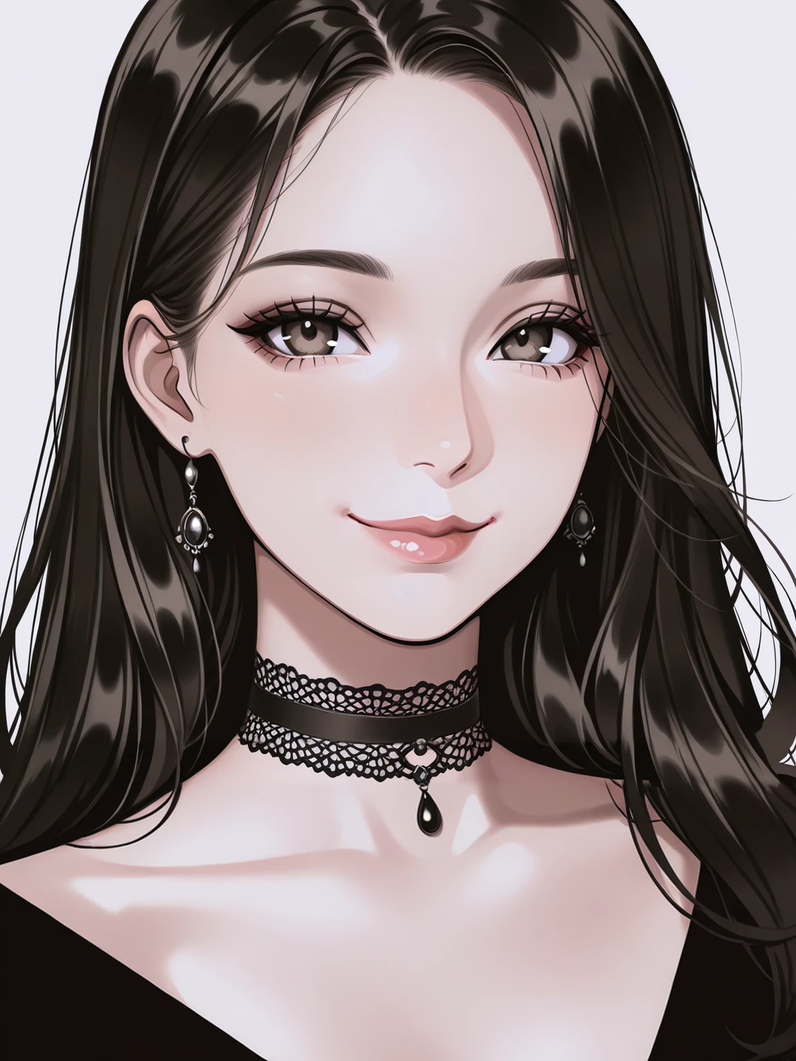 Masterpiece,best quality,vector art,lineart,thick lines, looking at viewer, smile,lips,nose,upper body,
edgChoker, 1girl, solo, long hair, dark hair, jewelry, closed mouth, lips, black choker, close-up, wearing edgChoker
<lora:edgChokerILS-000004:1>