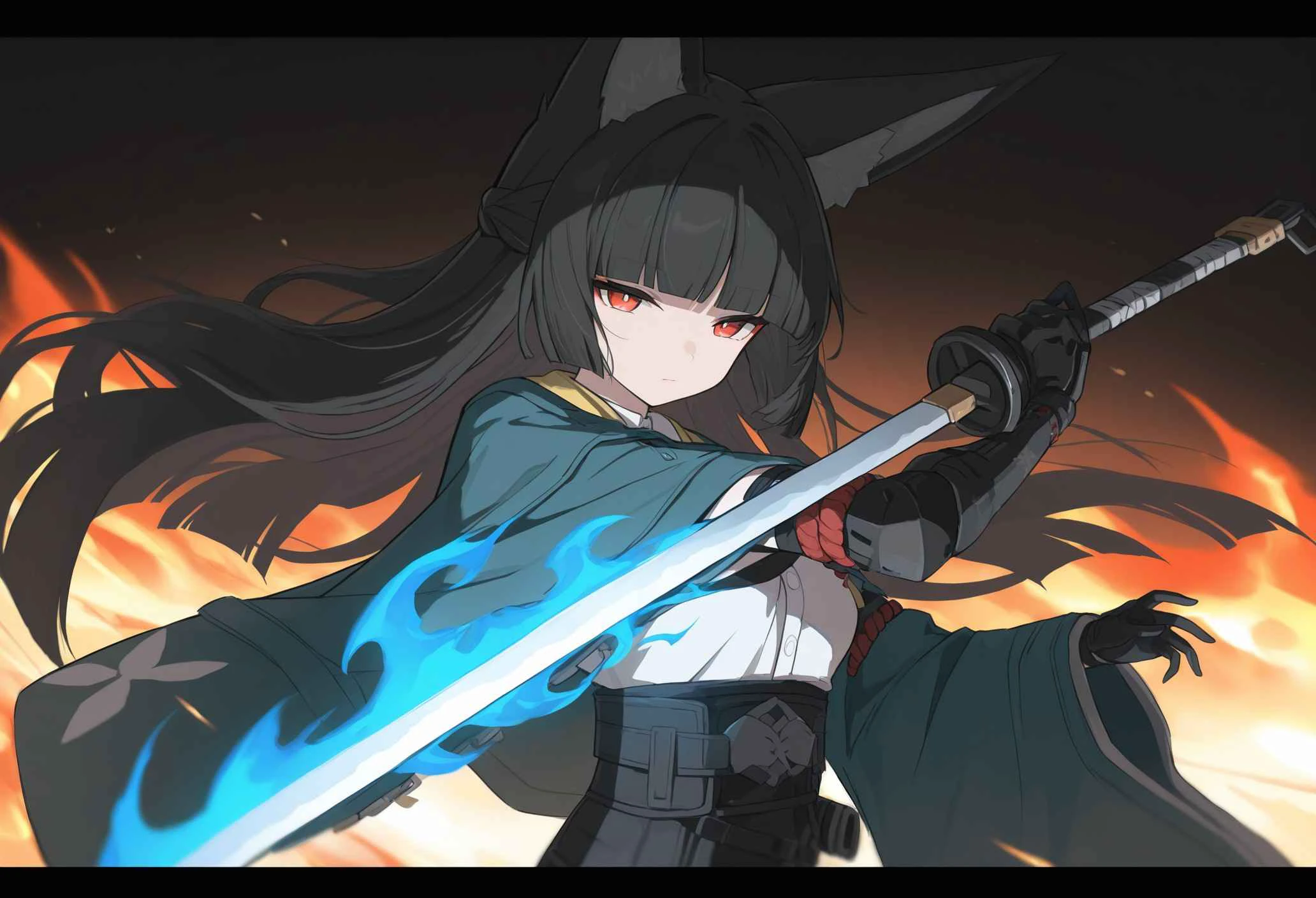 masterpiece, best quality, amazing quality, very aesthetic, absurdres, newest, 1girl, Miyabi, animal_ears, weapon, solo, sword, black_hair, holding, holding_weapon, letterboxed, red_eyes, fox_ears, katana, holding_sword, long_hair, blue_fire, bangs, upper_body, looking_at_viewer, gloves, blunt_bangs, white_background, closed_mouth, animal_ear_fluff, fire, blurry, black_gloves