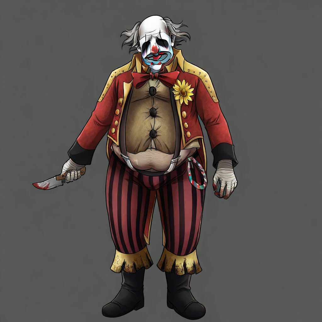 solo, 1boy, c1own, clown, fat, no eyes, painted face, grey hair, red bow, jacket, bandaged gloves, pants, boots, standing, holding knife, male focus,