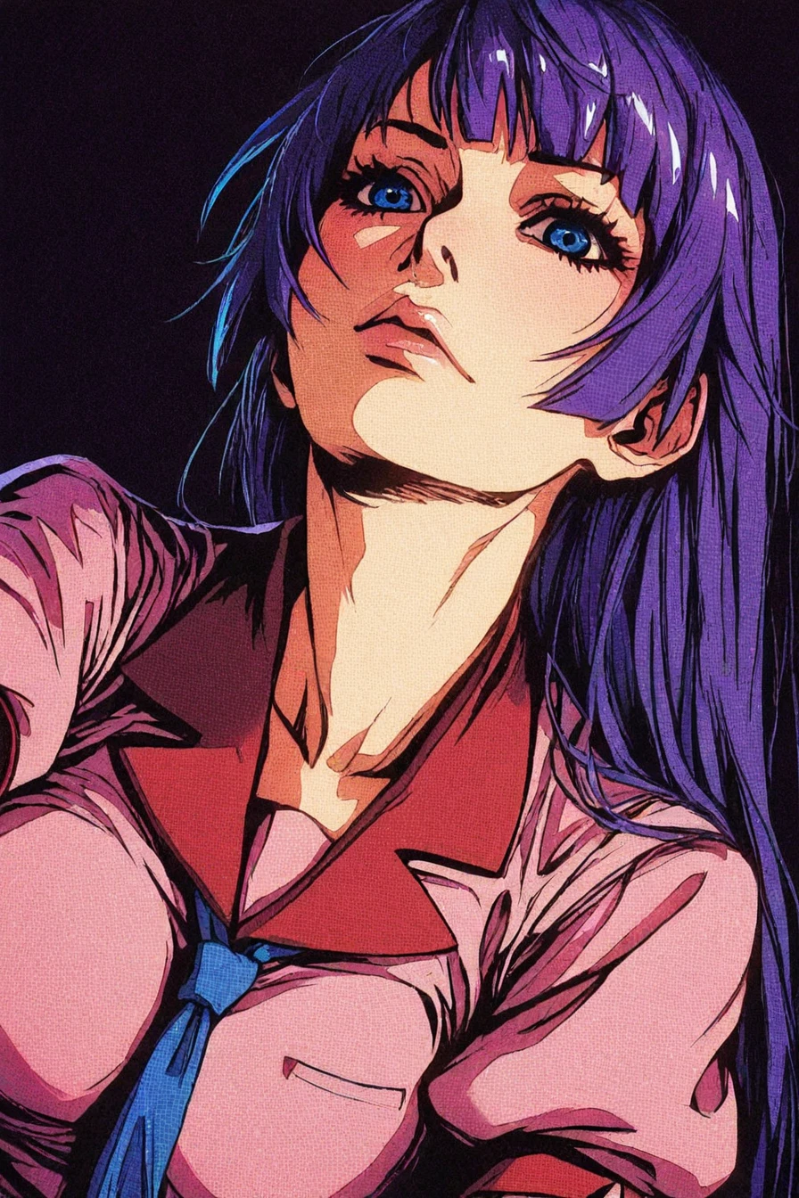 hitagi senjougahara, bangs, long hair, blue eyes, purple hair, school uniform, necktie, zettai ryouiki, naoetsu high school uniform, 1girl, solo, alone, <lora:neon_horror_noir_illustriousXL-000021:1>, neon_horror_noir_style, close-up, masterpiece, highres