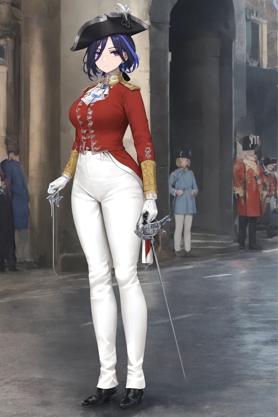 people,characters,copyright,style,general tags,rating,masterpiece,best quality,good quality,newest,
street,outdoors,victorian european architecture,
1girl,solo,solo focus,<lora:redcoat uniform-v3IL:1>,
military_uniform,uniform,standing,epaulettes,military,white_pants,red_jacket,wide bicorne,bicorne hat,white pants,napoleonera,redcoat,british army officer,holding rapier,fold-over boots,
expressionless,wide hips,narrow waist,slim sexy body,large breasts,mature female,
clorinde,purple hair,blue hair,streaked hair,purple eyes,black headwear,white gloves,earrings,hat feather,