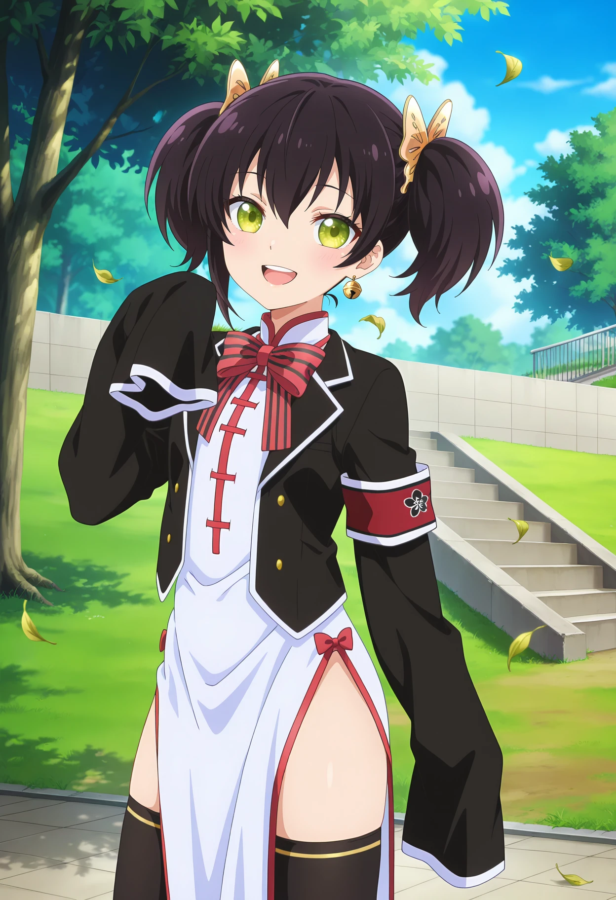 anime screencap, masterpiece, best quality,
<lora:KishukuGakkouNoJuliet_WangKochou_IlluXL:0.9>,
1girl, solo, open mouth, smile, upper teeth only,
short twintails, black hair, green eyes, butterfly hair ornament, bell earrings, single earring,
KochouSchool, blazer, open jacket, black jacket, china dress, long dress, white dress, striped bowtie, sleeves past fingers, armband, black thighhighs,
standing, looking at viewer, cowboy shot, thighs,
outdoors, school, tree, grass, stairs, falling leaves